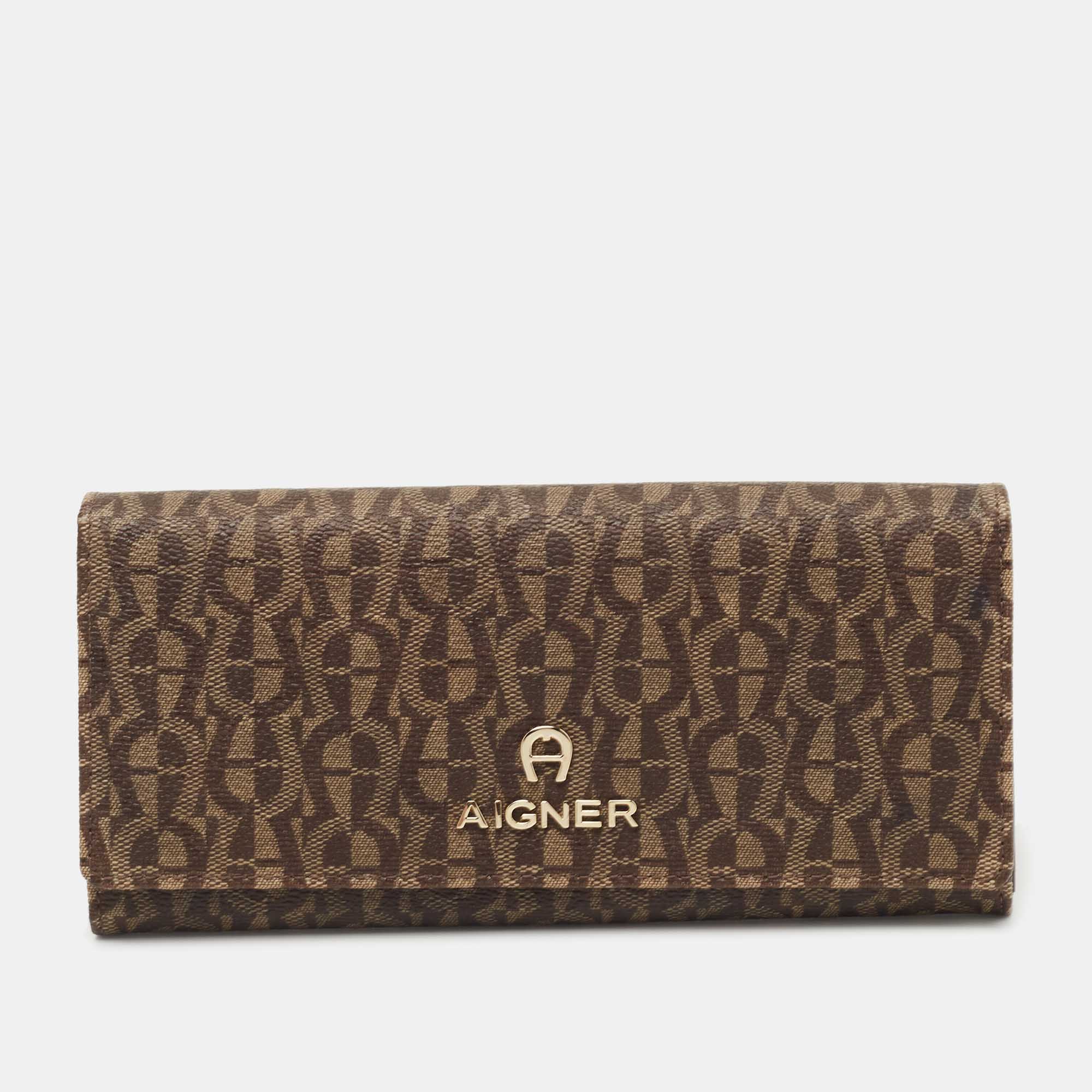 Pre-owned Aigner Beige Signature Coated Canvas Logo Flap Continental Wallet