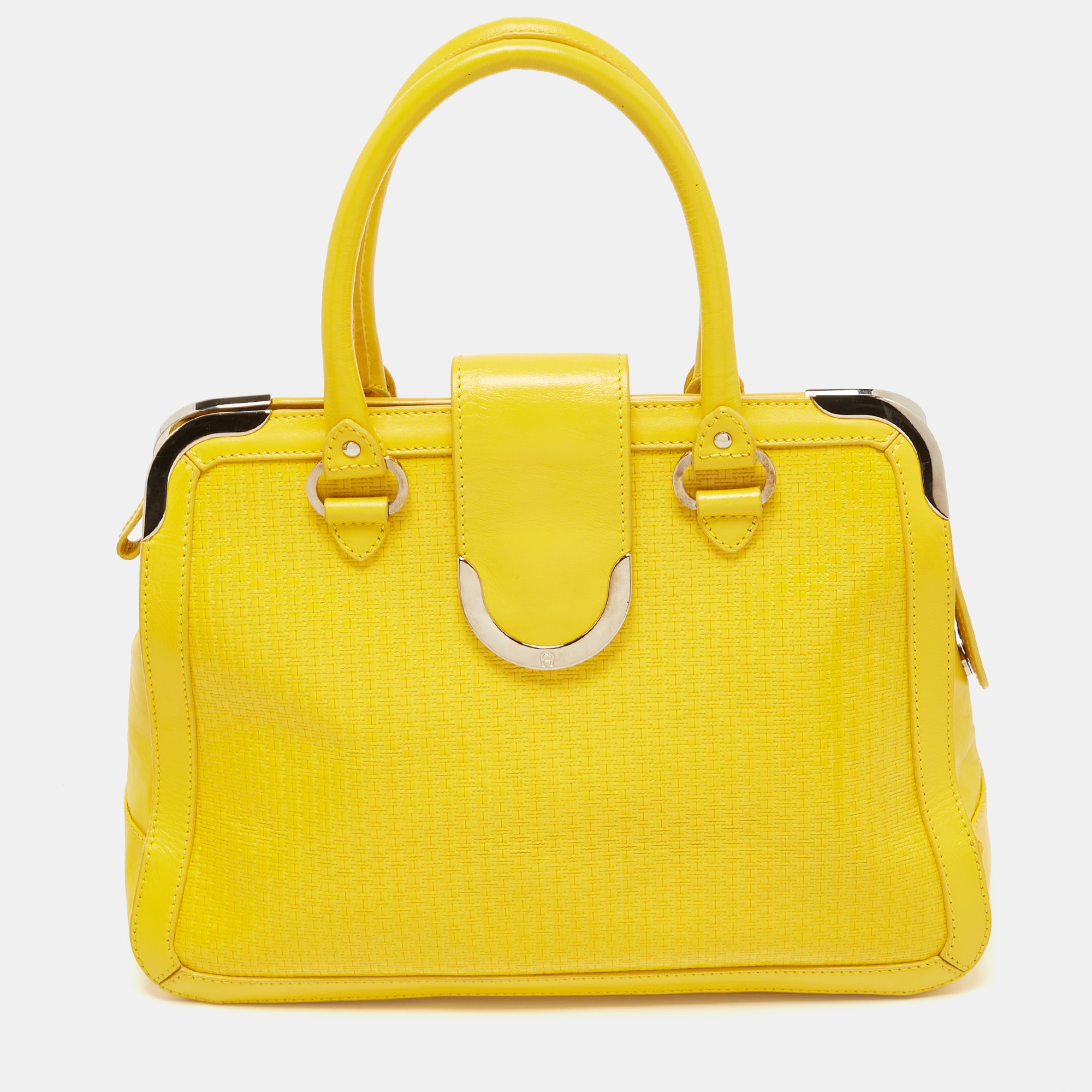Pre-owned Aigner Yellow Woven Embossed Leather Flap Frame Satchel