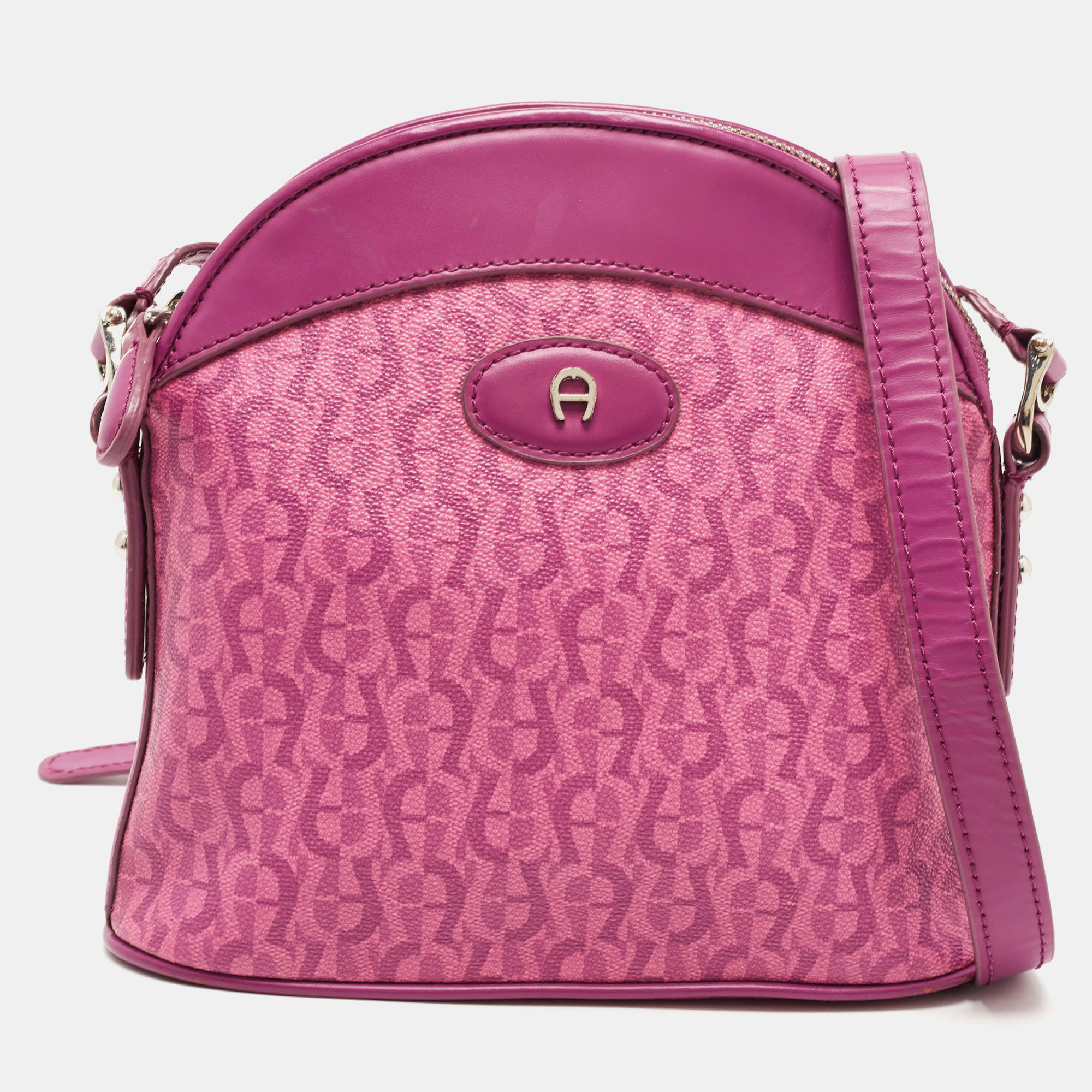 Pre-owned Aigner Magenta Monogram Coated Canvas And Leather Dome Crossbody Bag In Purple