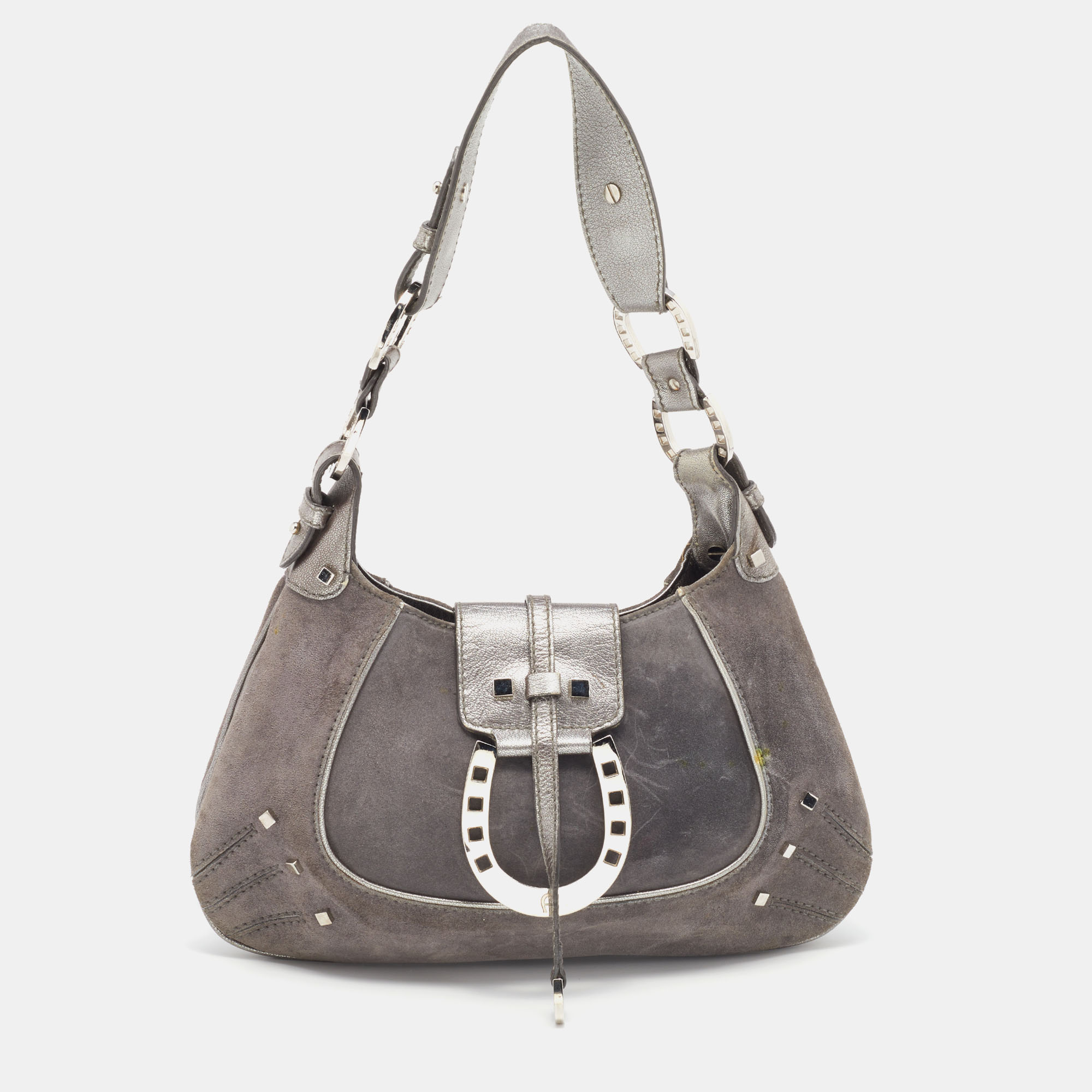 Pre-owned Aigner Grey Studded Suede And Leather Hobo