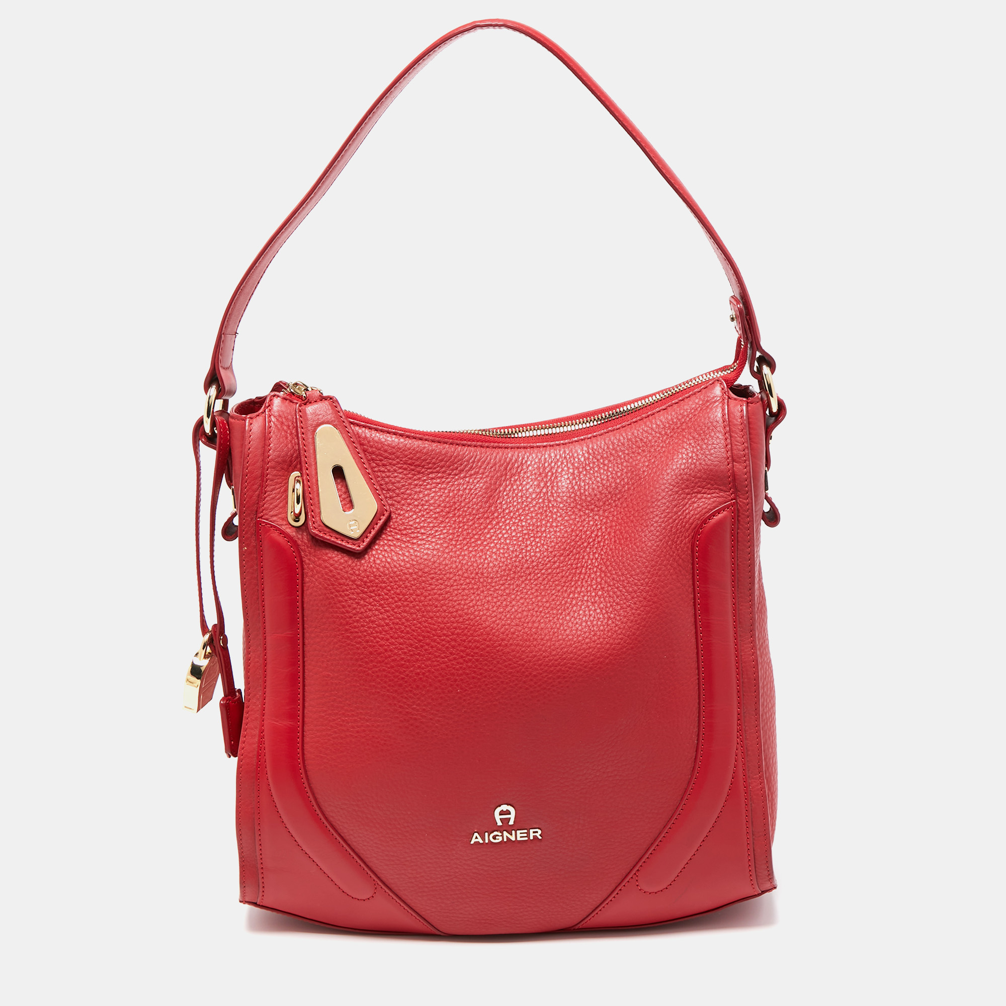 Pre-owned Aigner Red Leather Padlock Zip Hobo