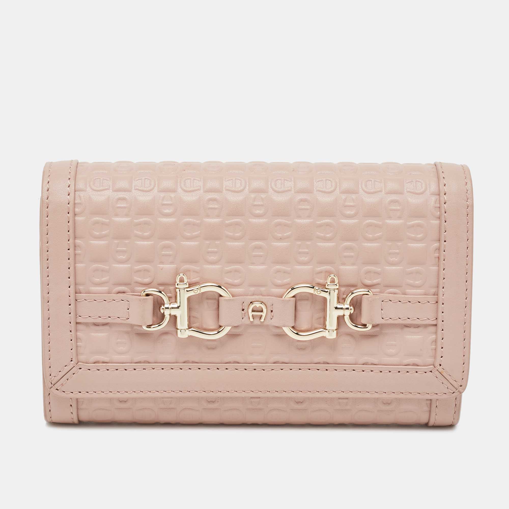

Aigner Pink Logo Embossed Leather Compact Wallet