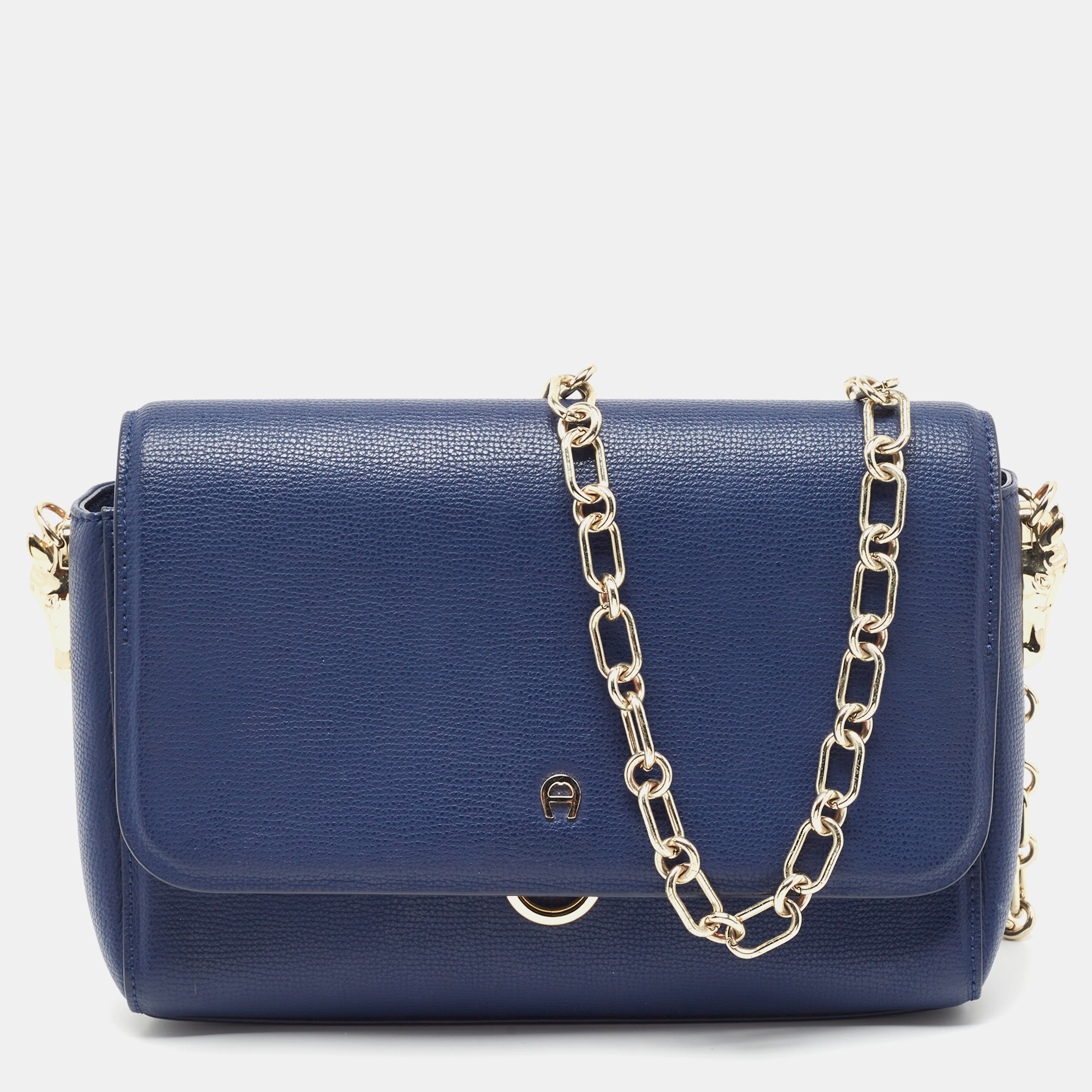Pre-owned Aigner Navy Blue Leather Flap Chain Shoulder Bag