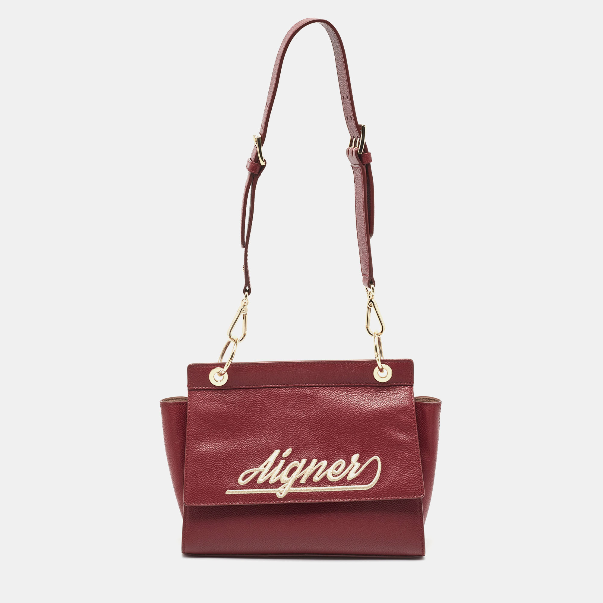 Pre-owned Aigner Dark Red Leather Embroidered Logo Shoulder Bag