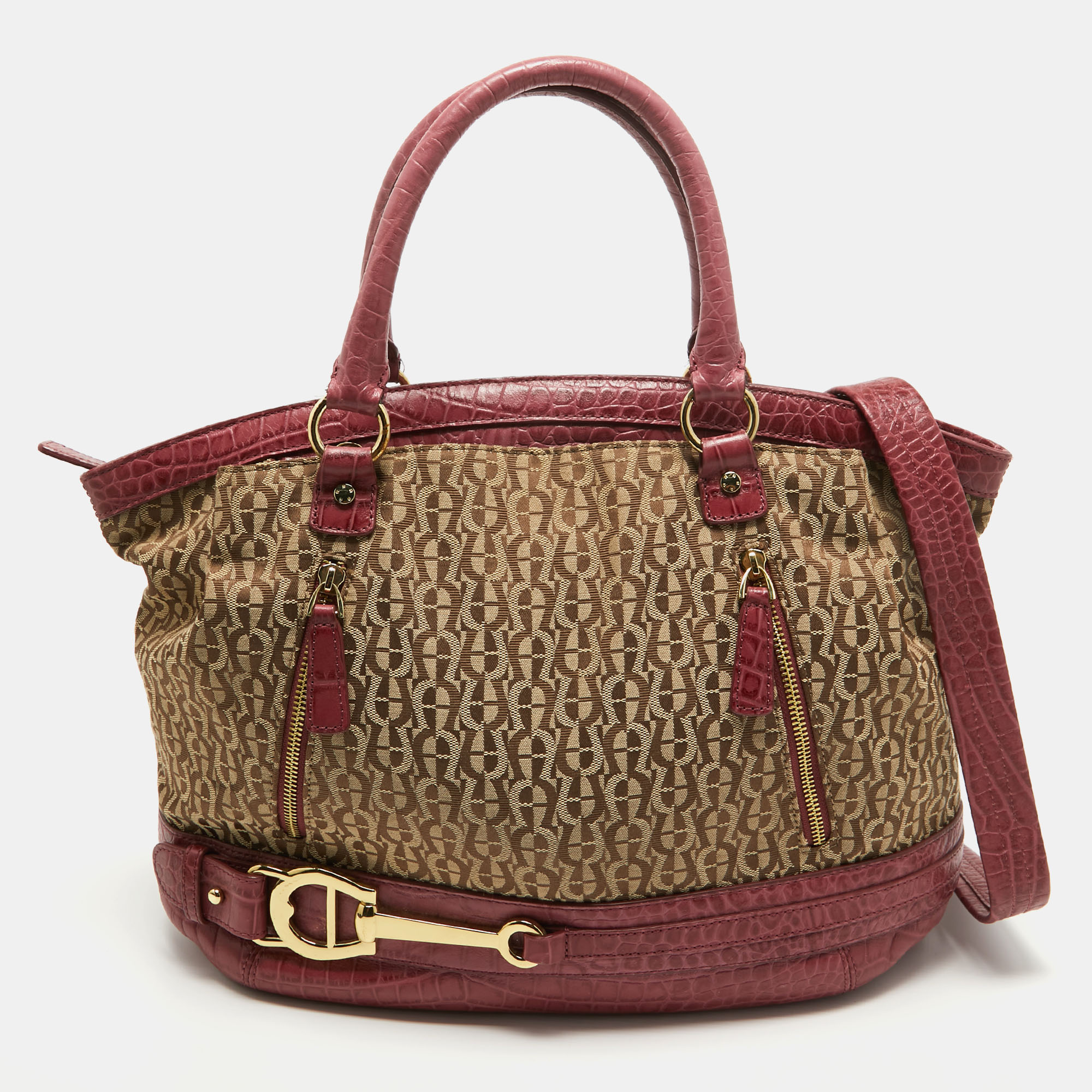 Pre-owned Aigner Brown/pinnk Signature Canvas And Croc Embossed Leather Buckle Logo Satchel