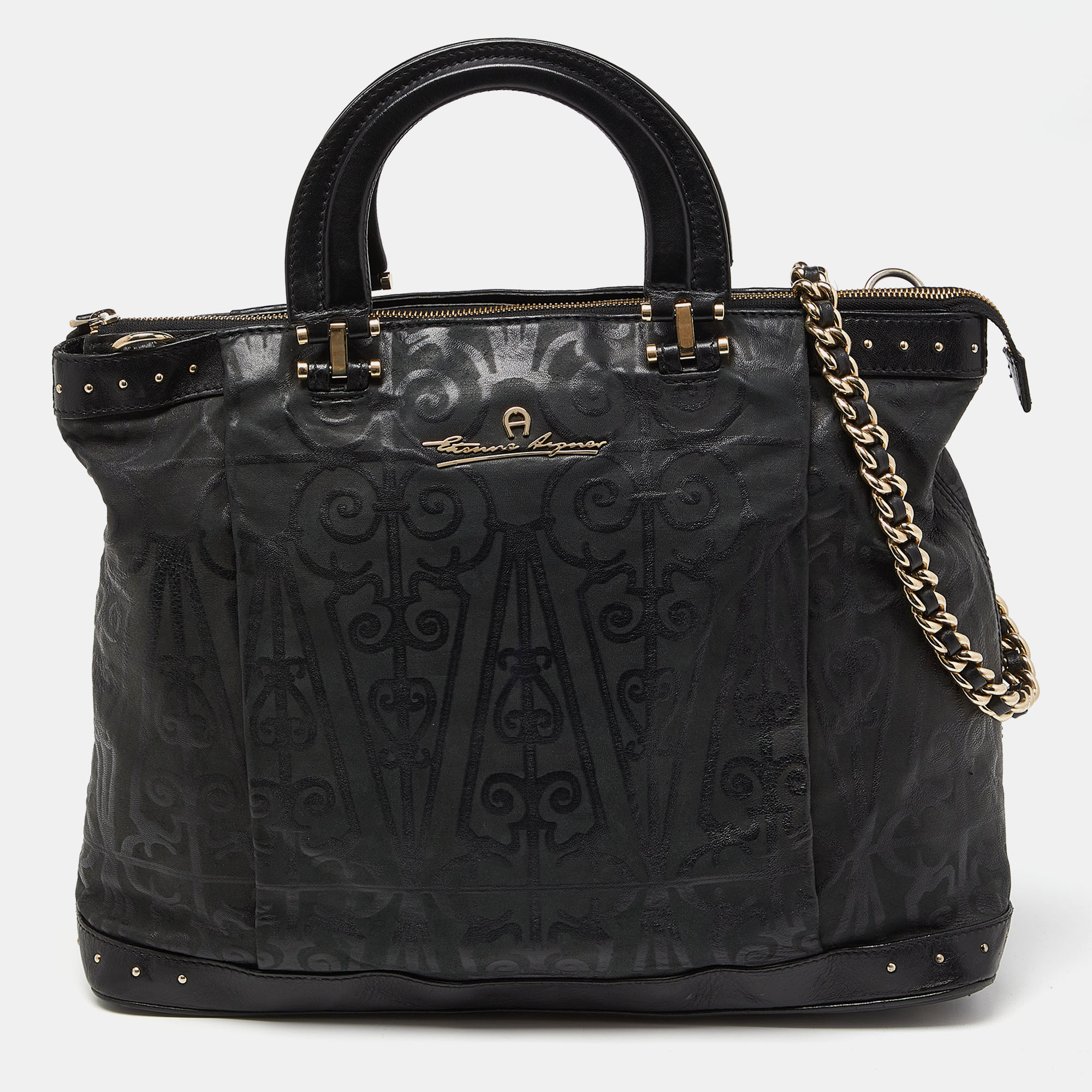 

Aigner Black Printed Leather Studded Top Zip Tote