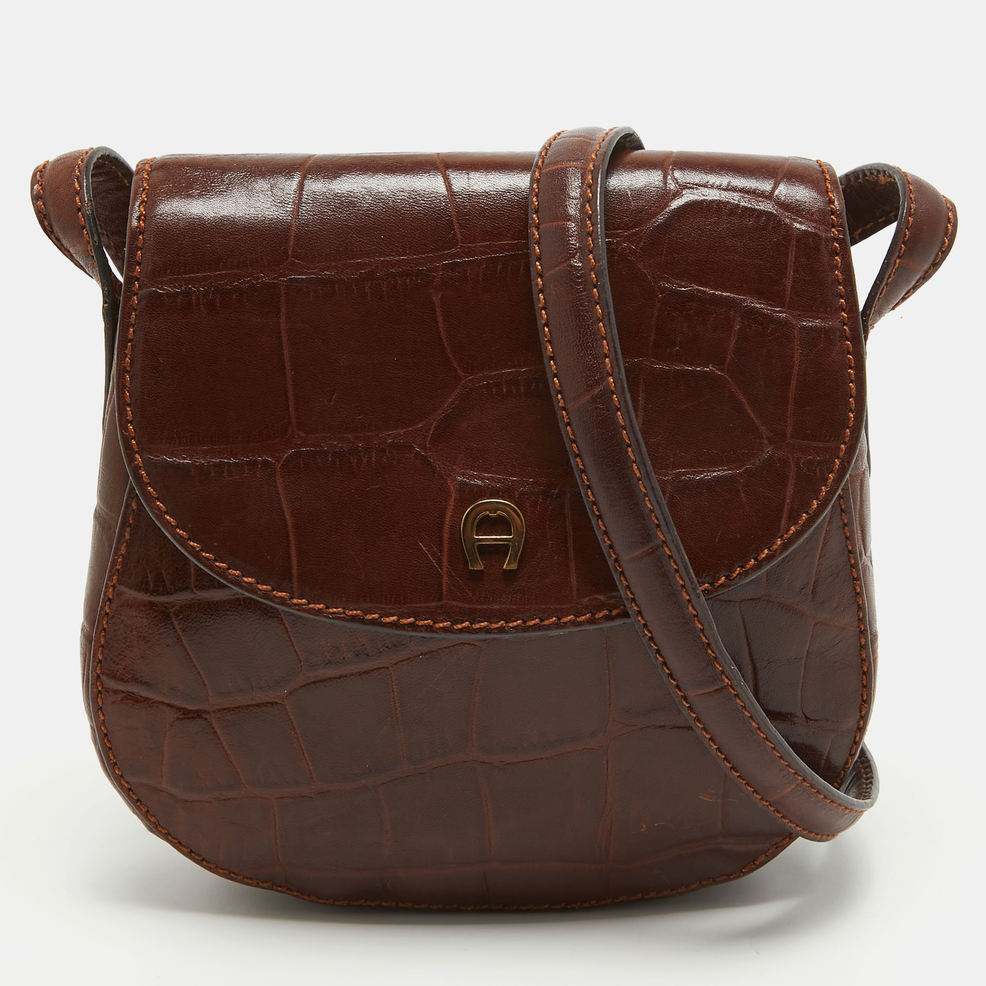 

Aigner Dark Brown Croc Embossed Leather Logo Flap Crossbody Bag