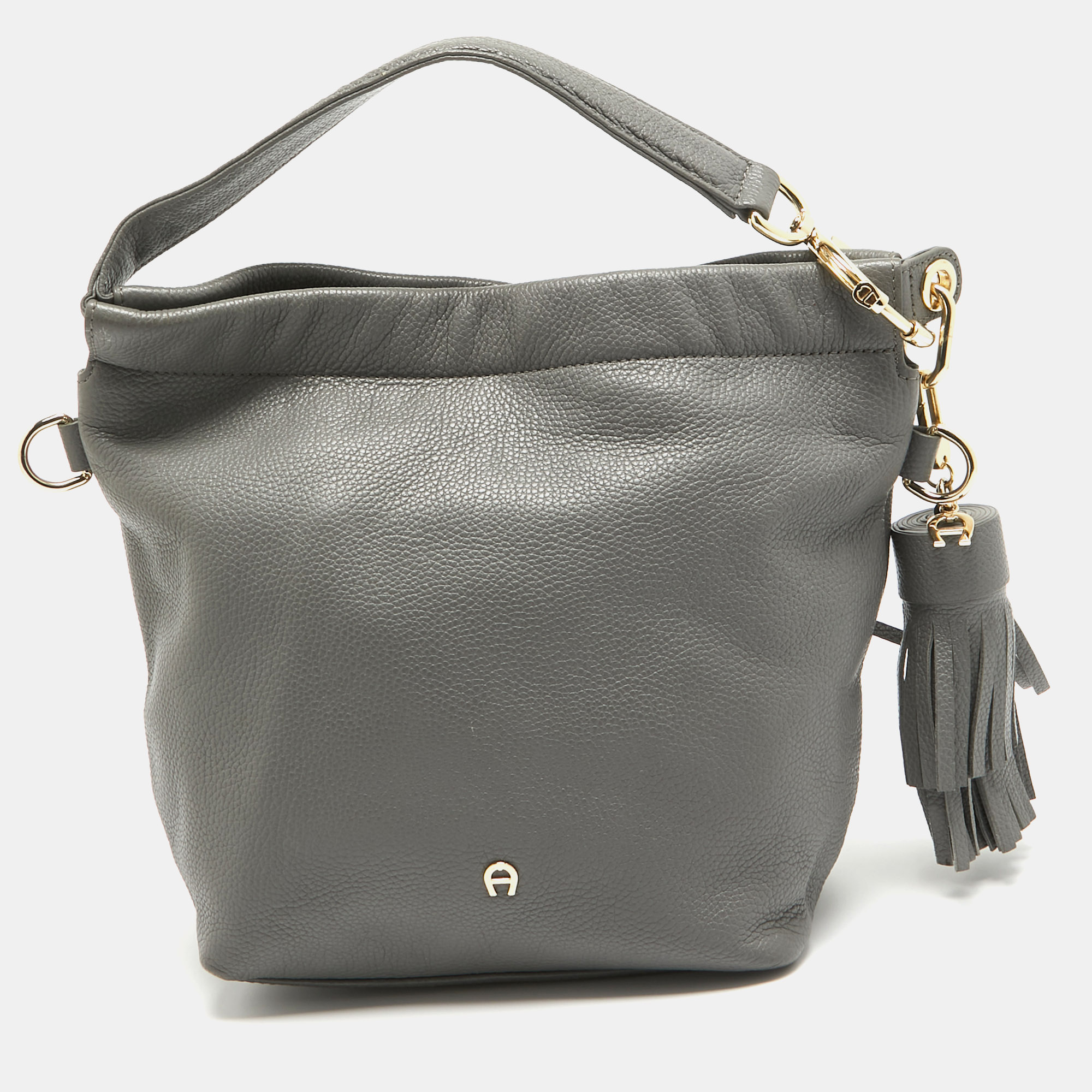 Pre-owned Aigner Grey Leather Tassel Charm Hobo