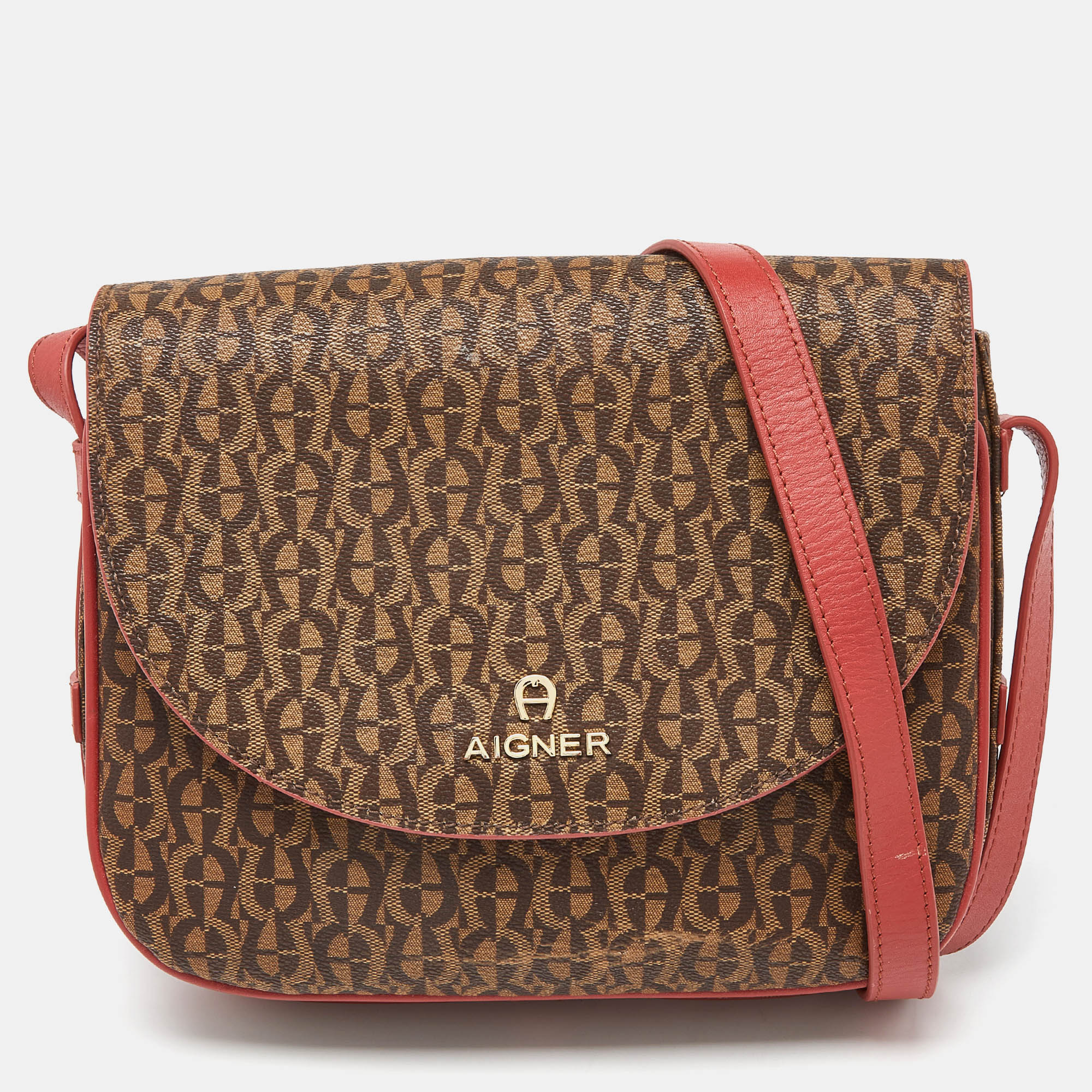 

Aigner Brown/Red Signature Coated Canvas and Leather Crossbody Bag