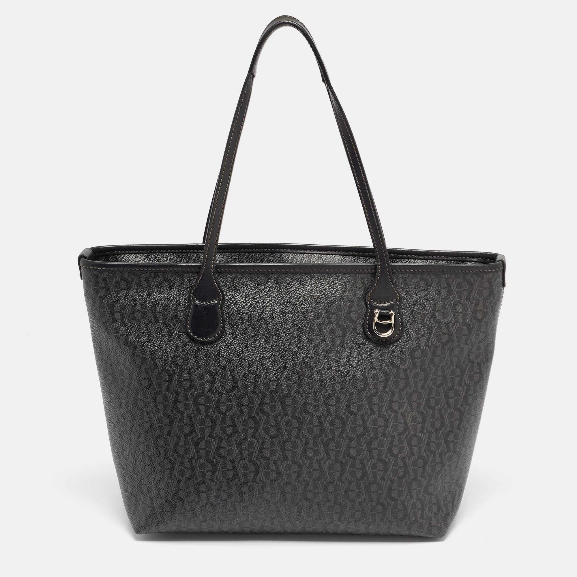 

Aigner Black/Grey Monogram Coated Canvas and Leather Top Zip Tote