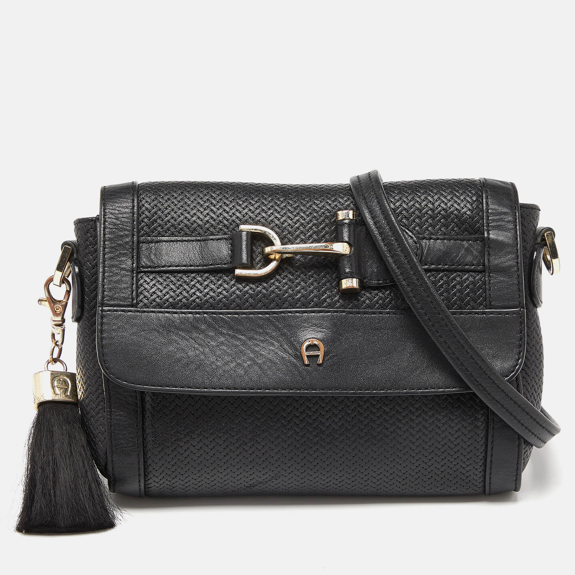 

Aigner Black Textured Leather Cavallina Crossbody Bag