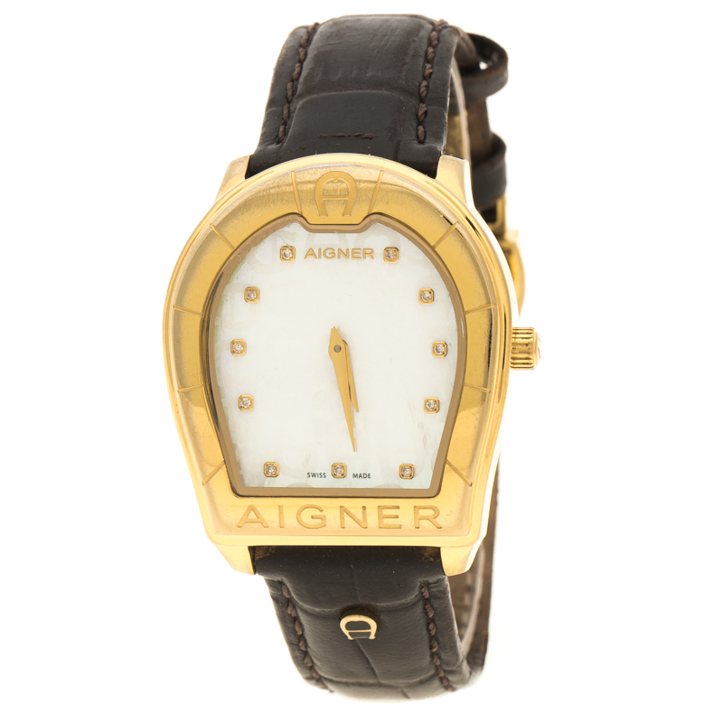 Pre Owned Aigner Mother of Pearl Gold Plated Stainless Steel Verona Women's Wristwatch 34 mm