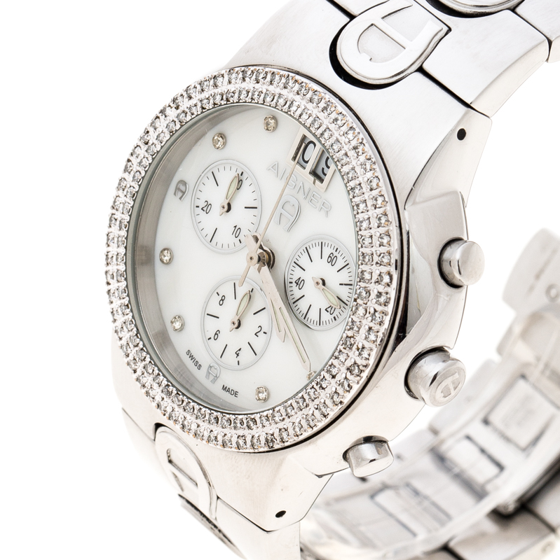 

Aigner White Mother of Pearl Stainless Steel and Diamonds Ancona A18100 Women's Wristwatch, Silver