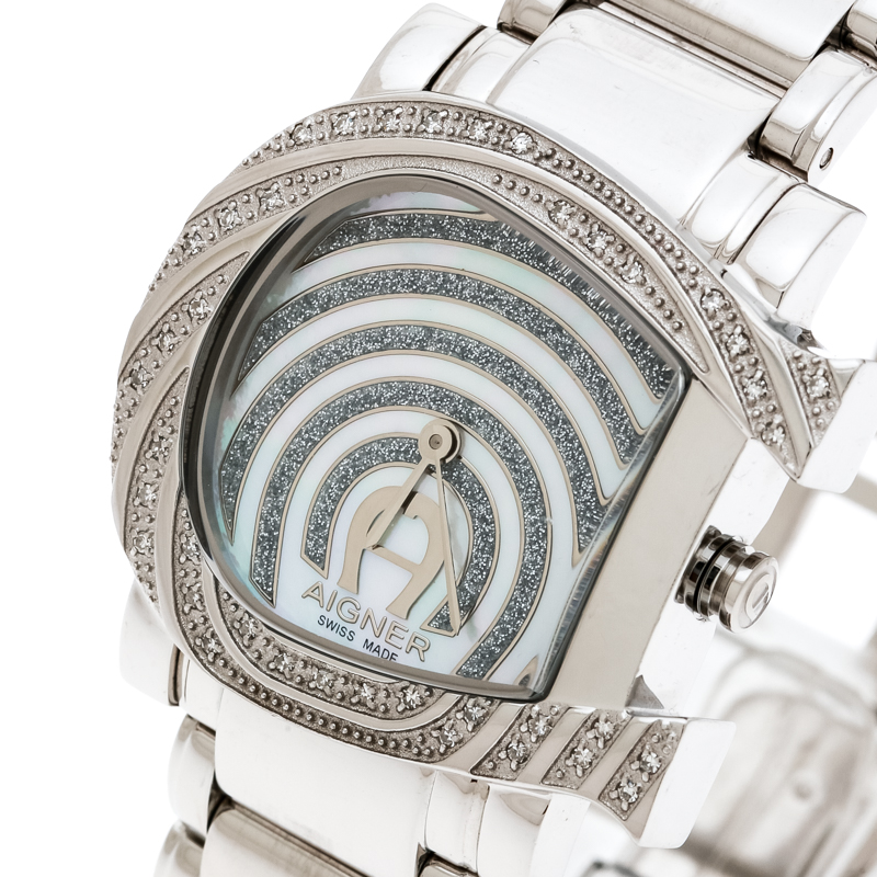 

Aigner White Mother of Pearl Stainless Steel and Diamonds Genua Due A31600 Women's Wristwatch, Silver