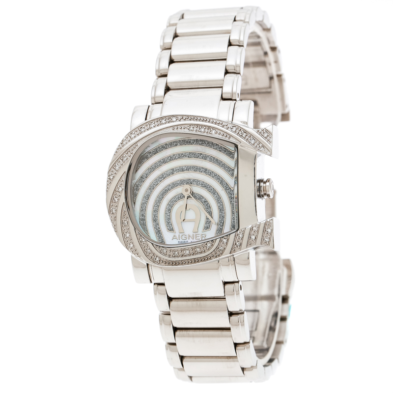 Pre Owned Aigner White Mother of Pearl Stainless Steel and Diamonds Genua Due A31600 Women's Wristwatch 31 mm