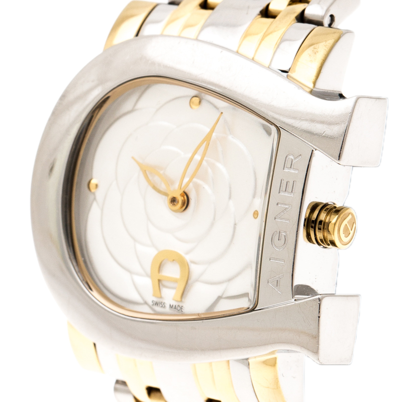 

Aigner White Floral Two-Tone Stainless Steel Genua Due A31600 Women's Wristwatch, Silver