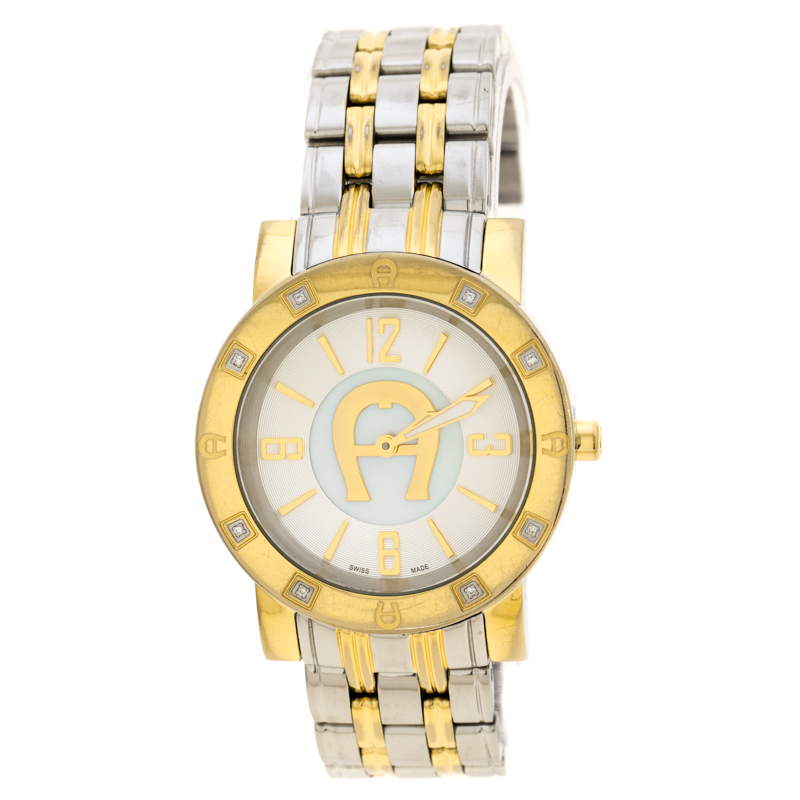 Pre Owned Aigner White Mother of Pearl Two-Tone Stainless Steel Diamonds Cortina A26300 Women's Wristwatch 36 mm