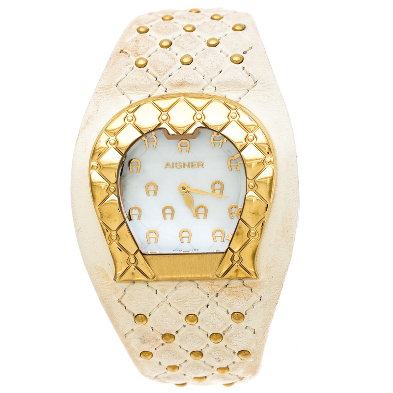 Pre Owned Aigner White Mother of Pearl Gold Plated Stainless Steel L'Aquila A41200 Women's Wristwatch 36 mm
