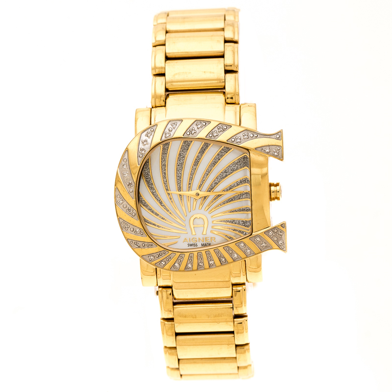 Pre Owned Aigner White Mother of Pearl Gold Plated Stainless Steel Diamonds Genua Due A31600 Women's Wristwatch 31 mm