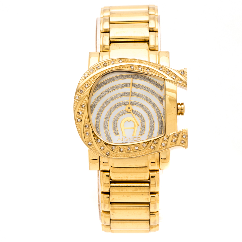 Pre Owned Aigner White Mother of Pearl Gold Plated Stainless Steel Diamonds Genua Due A31600 Women's Wristwatch 31 mm