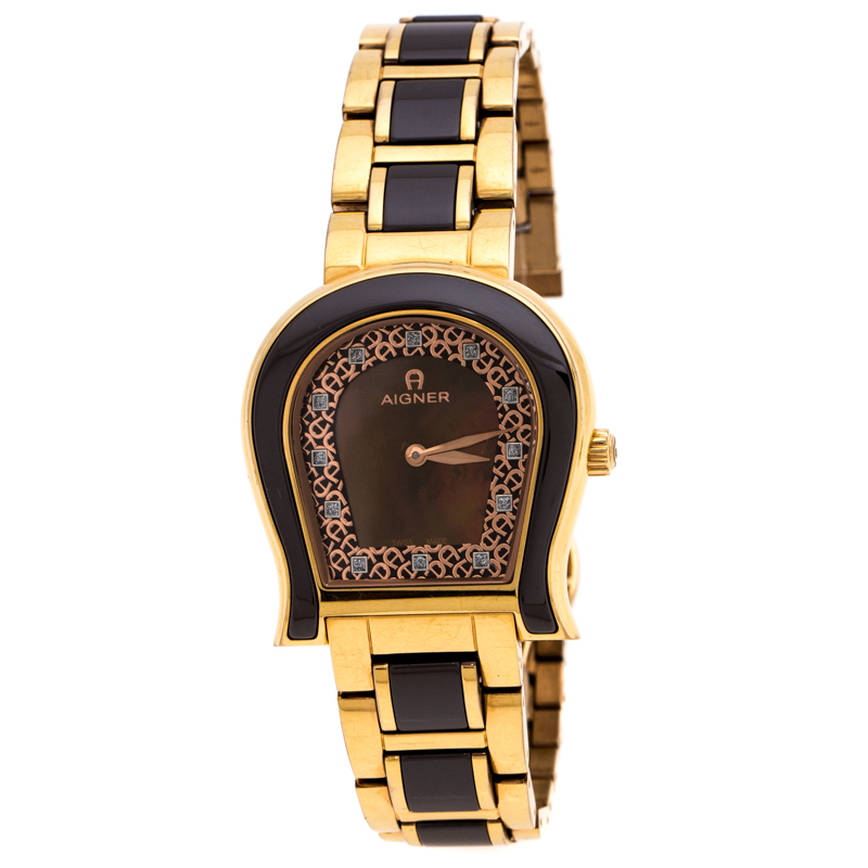 Aigner Brown Mother of Pearl Brown Ceramic Gold Plated Stainless Steel Altamura A56000 Women's Wristwatch 34 mm