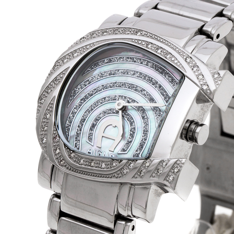 

Aigner White Mother of Pearl Stainless Steel Diamonds Genua Due A31600 Women's Wristwatch, Silver
