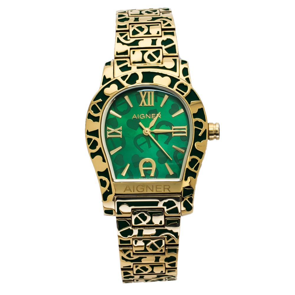 Pre Owned Aigner Green Gold Tone Stainless Steel Faenza A134300 Women's Wristwatch 34 mm