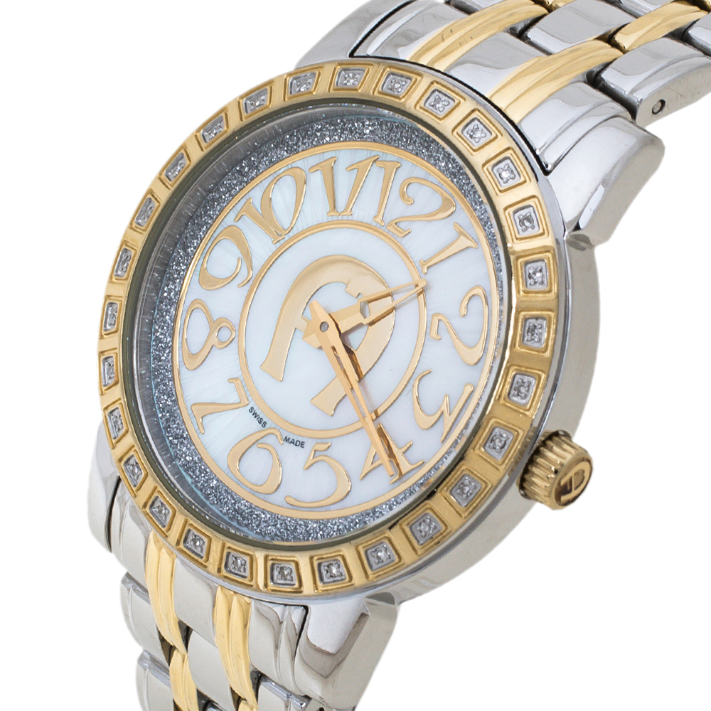 

Aigner White Mother of Pearl Two-Tone Stainless Steel Cortina A26300 Women's Wristwatch, Gold