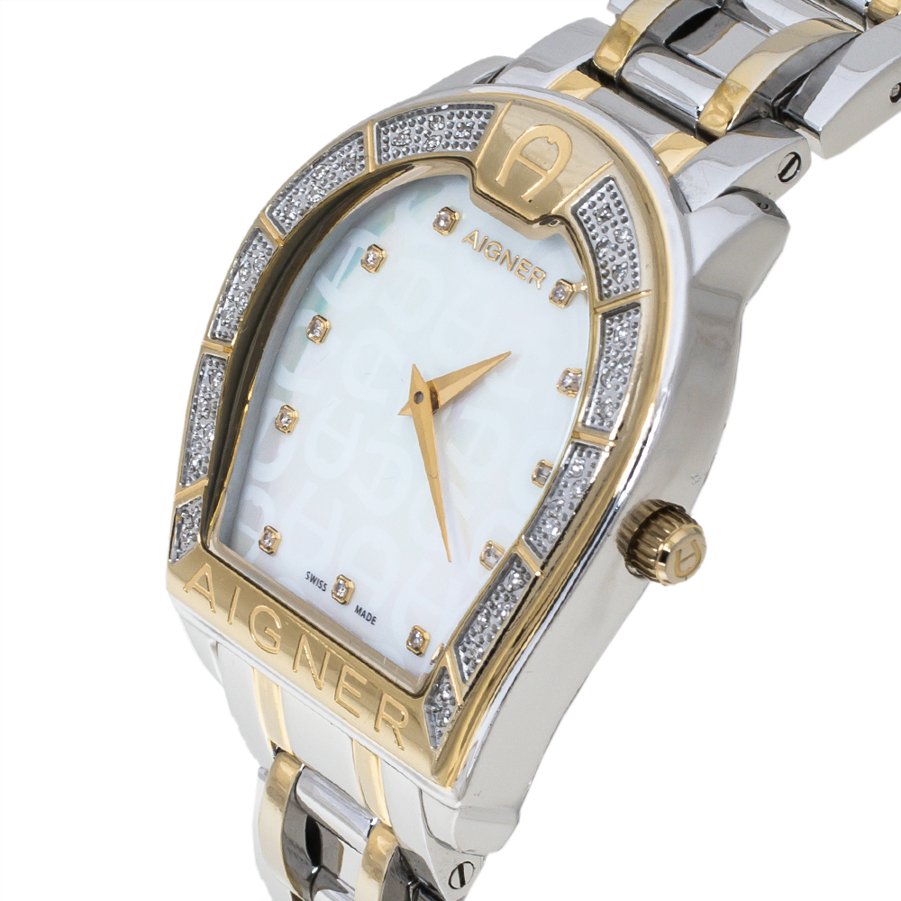 

Aigner Mother Of Pearl Two-Tone Stainless Steel Diamond Verona A48100 Women's Wristwatch, Silver