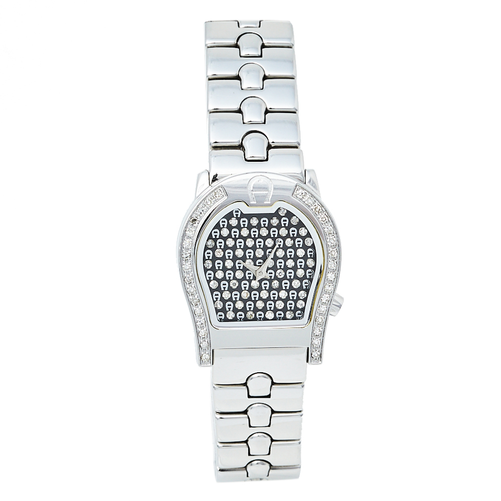 Pre-owned Aigner Black Stainless Steel Diamonds Verona A01200 Women's Wristwatch 24 Mm