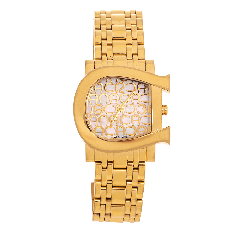 Pre-owned Aigner Mother Of Pearl Gold Tone Stainless Steel Genua Due A31600 Women's Wristwatch 31 Mm In White