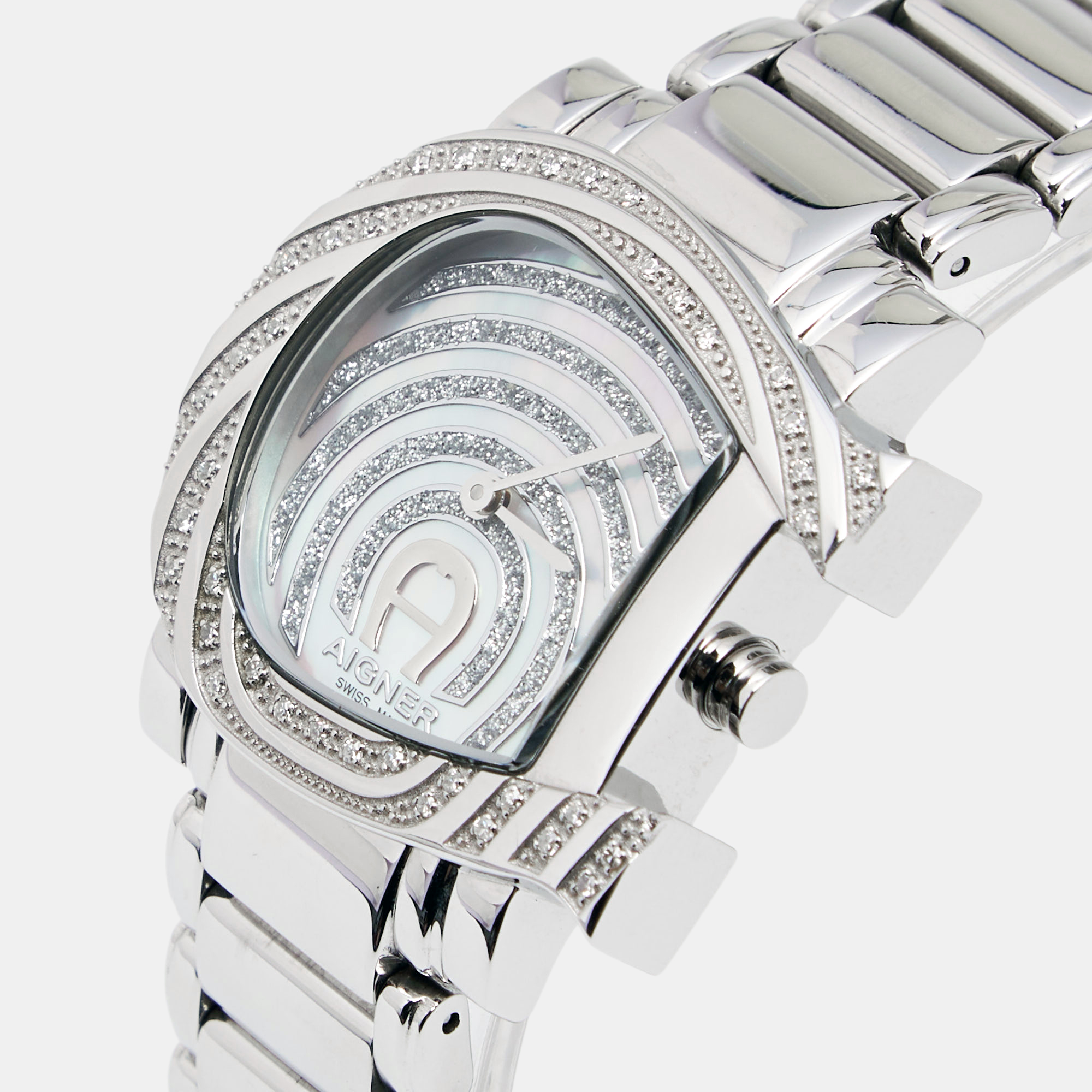 

Aigner White Mother of Pearl Stainless Steel Diamonds Genua Due A31600 Women's Wristwatch, Silver
