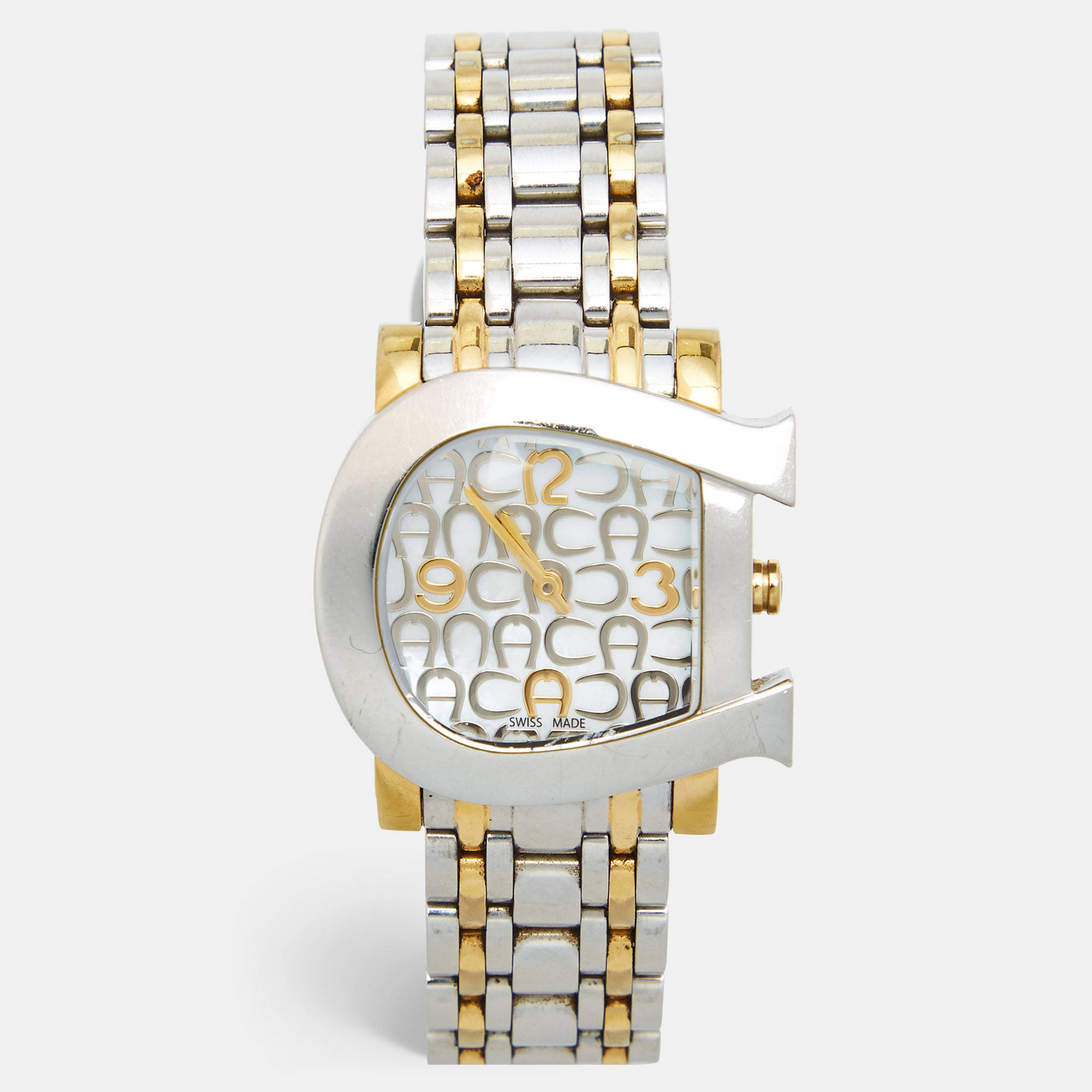 Pre-owned Aigner Mother Of Pearl Two Tone Stainless Steel Genua Due A31600 Women's Wristwatch 31 Mm In White