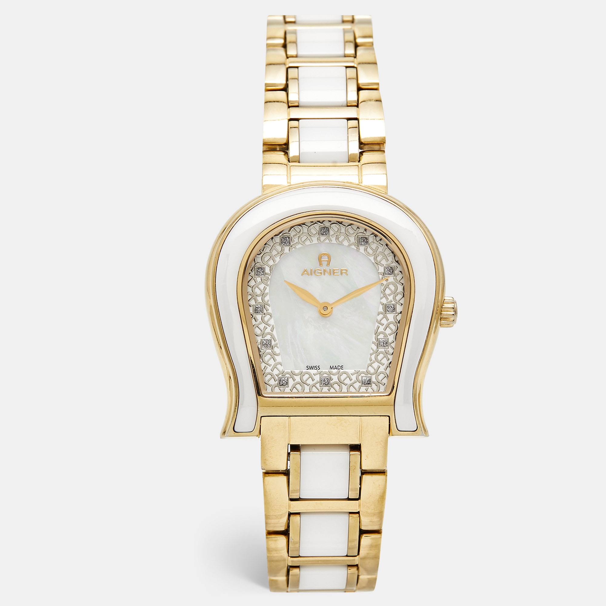 

Aigner Mother of Pearl White Ceramic Gold Plated Stainless Steel Altamura A56000 Women's Wristwatch