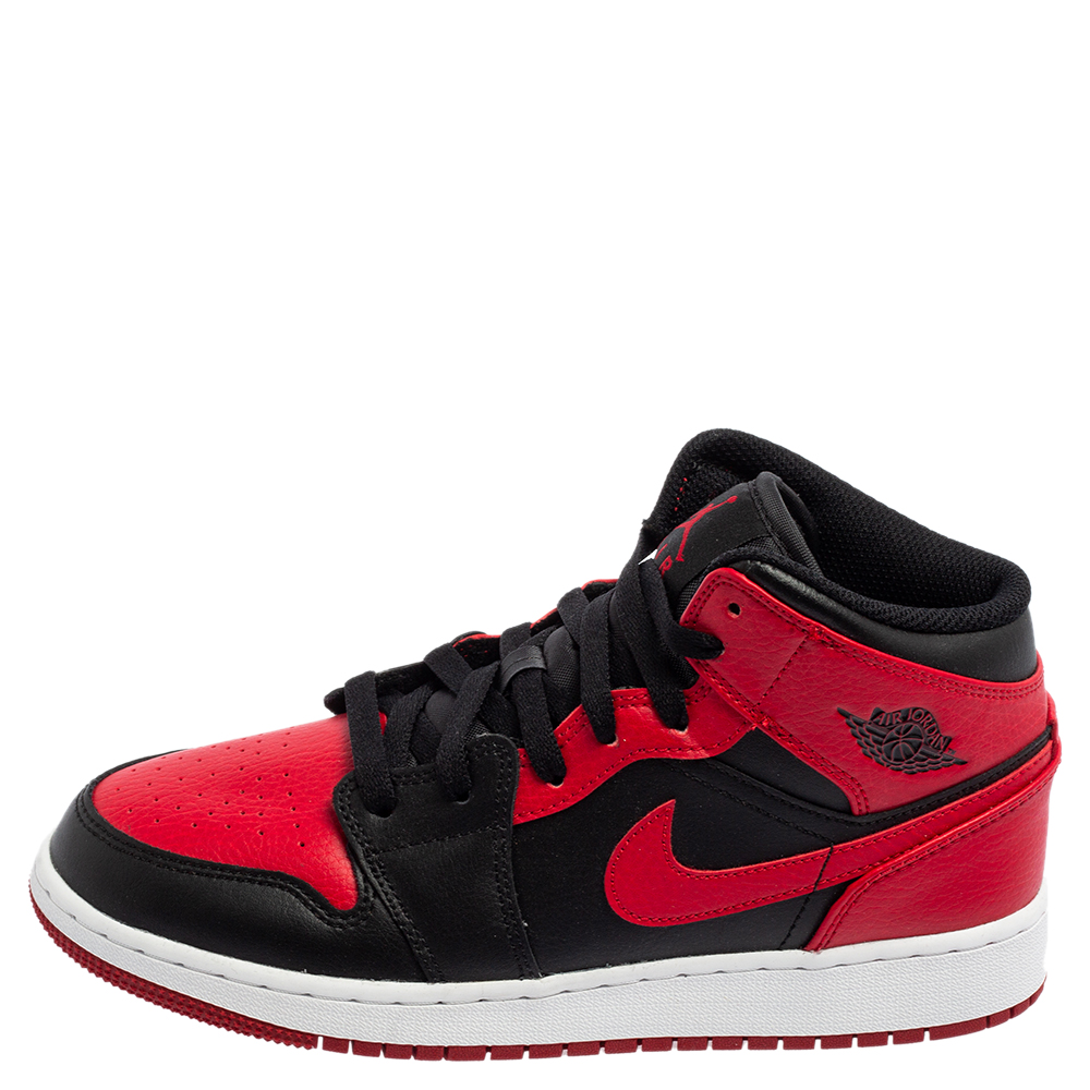 

Air Jordan 1 Red/Black Leather Mid Banned Sneakers Size
