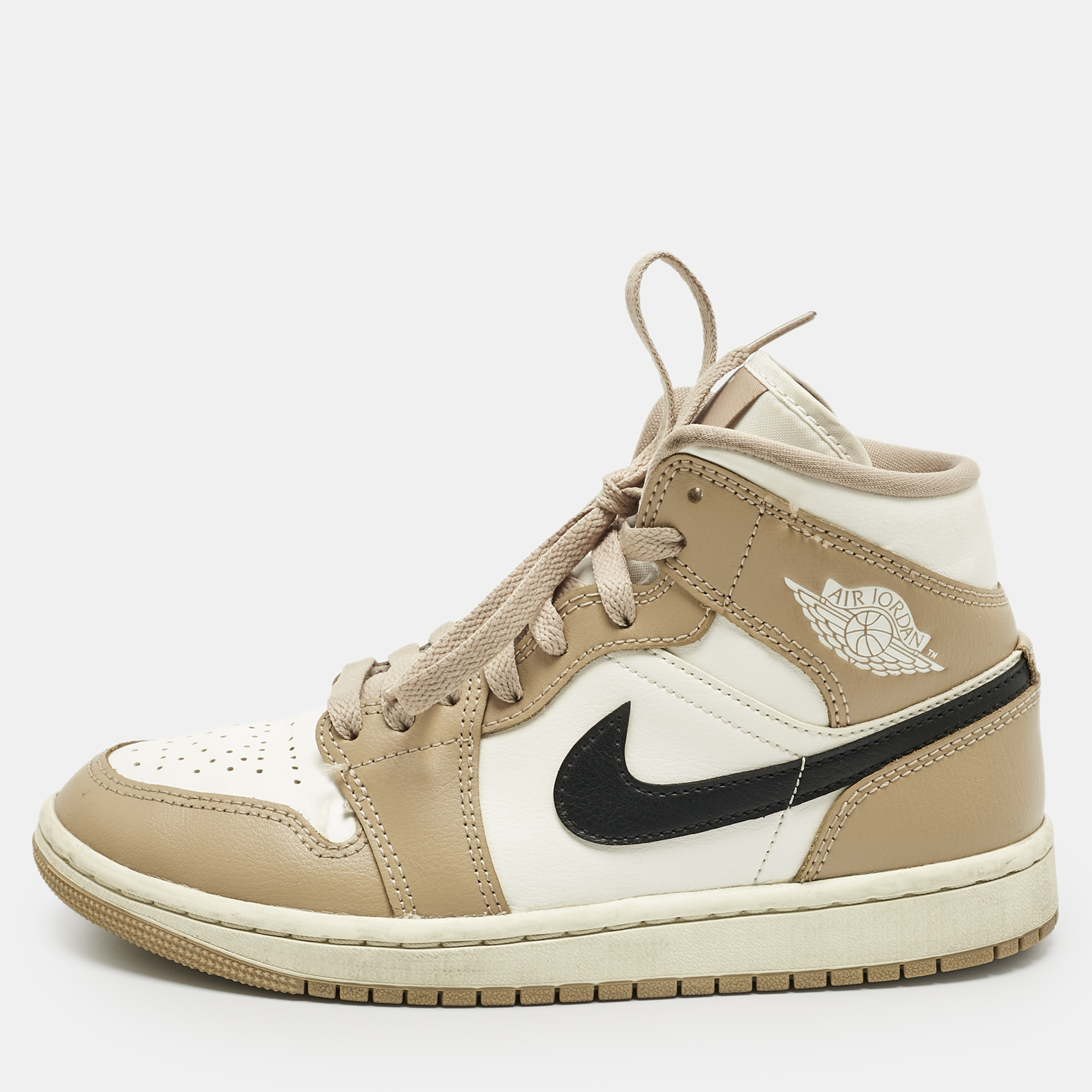 Pre-owned Air Jordans Multicolor Leather Jordan 1 Mid Se Desert Sail Sneakers Size 37.5