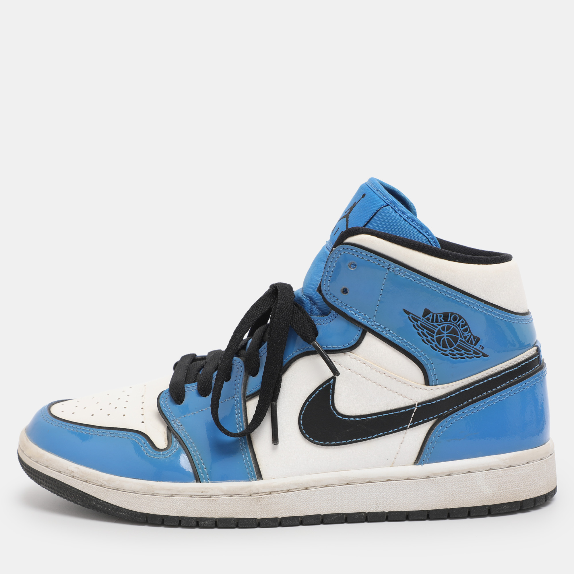 Pre-owned Air Jordans Tricolor Patent And Leather Air Jordan 1 Mid Signal Blue Sneakers Size 41