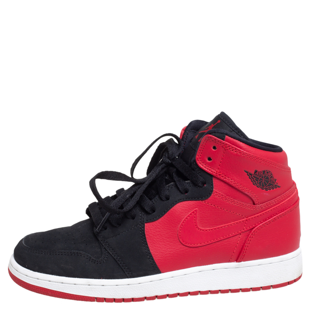 

Air Jordan Red/Black Leather 1 Retro High Top Sneakers Size