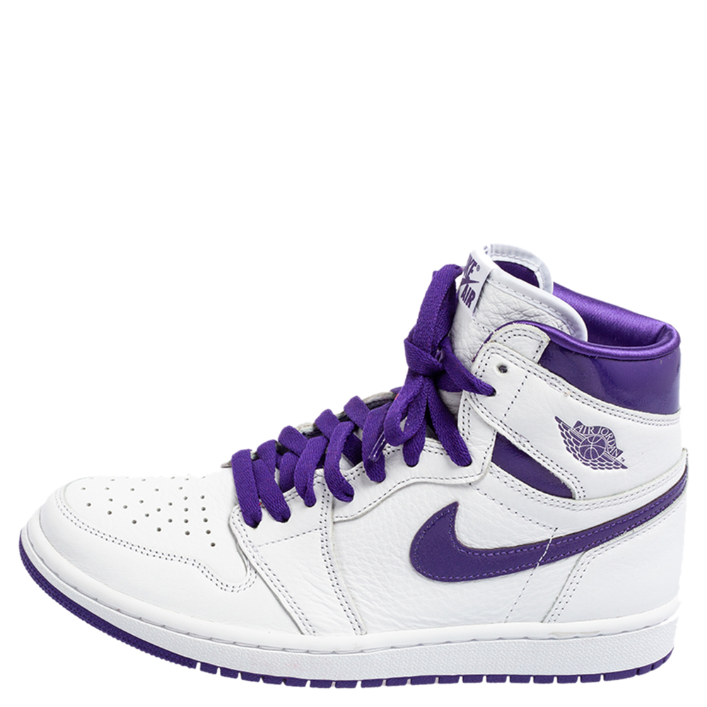 

Air Jordan 1 White/Purple Leather Retro High OG Court Sneakers Size