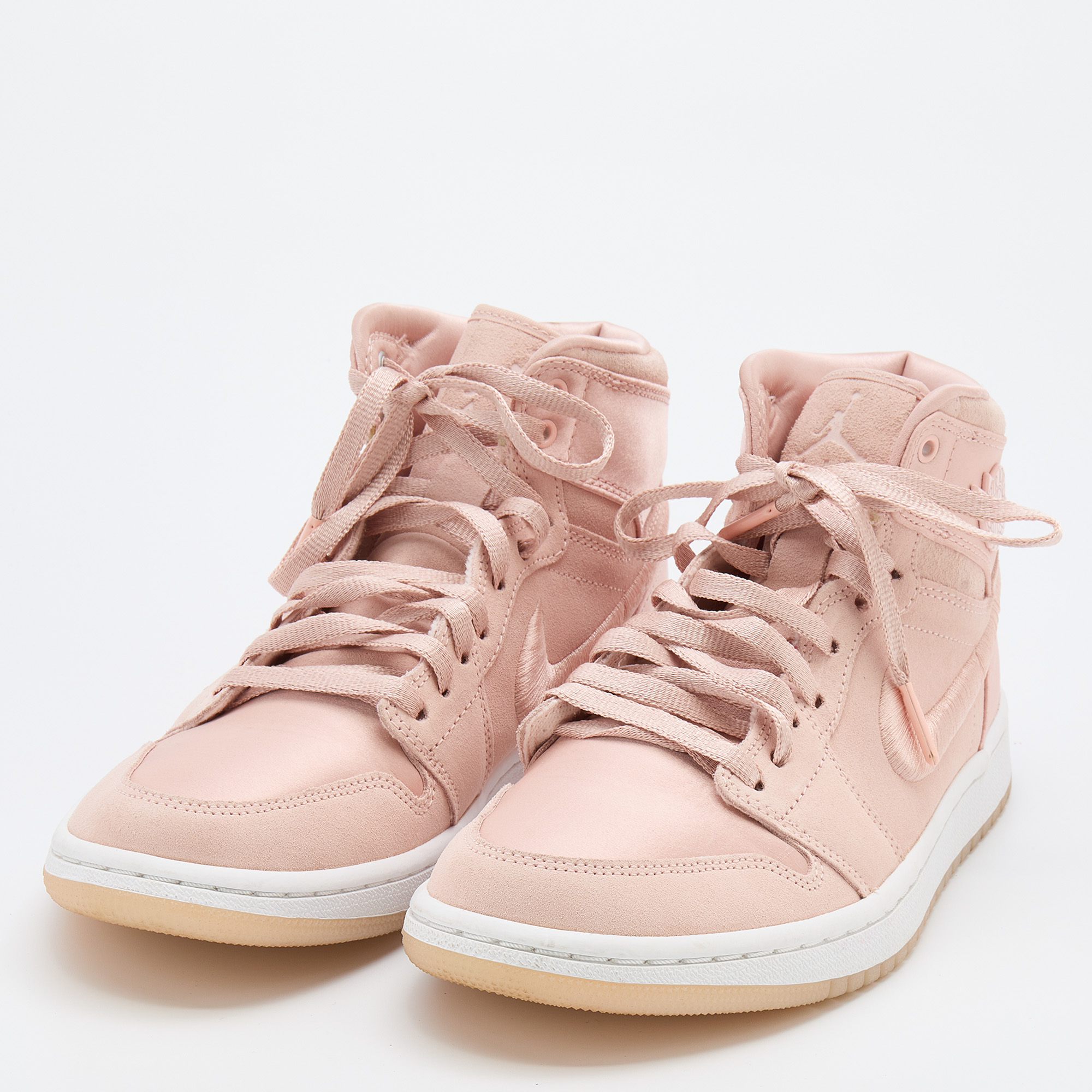 

Air Jordan Light Pink Satin and Suede 1 Retro High Season of Her Sunset Tint High Top Sneakers Size