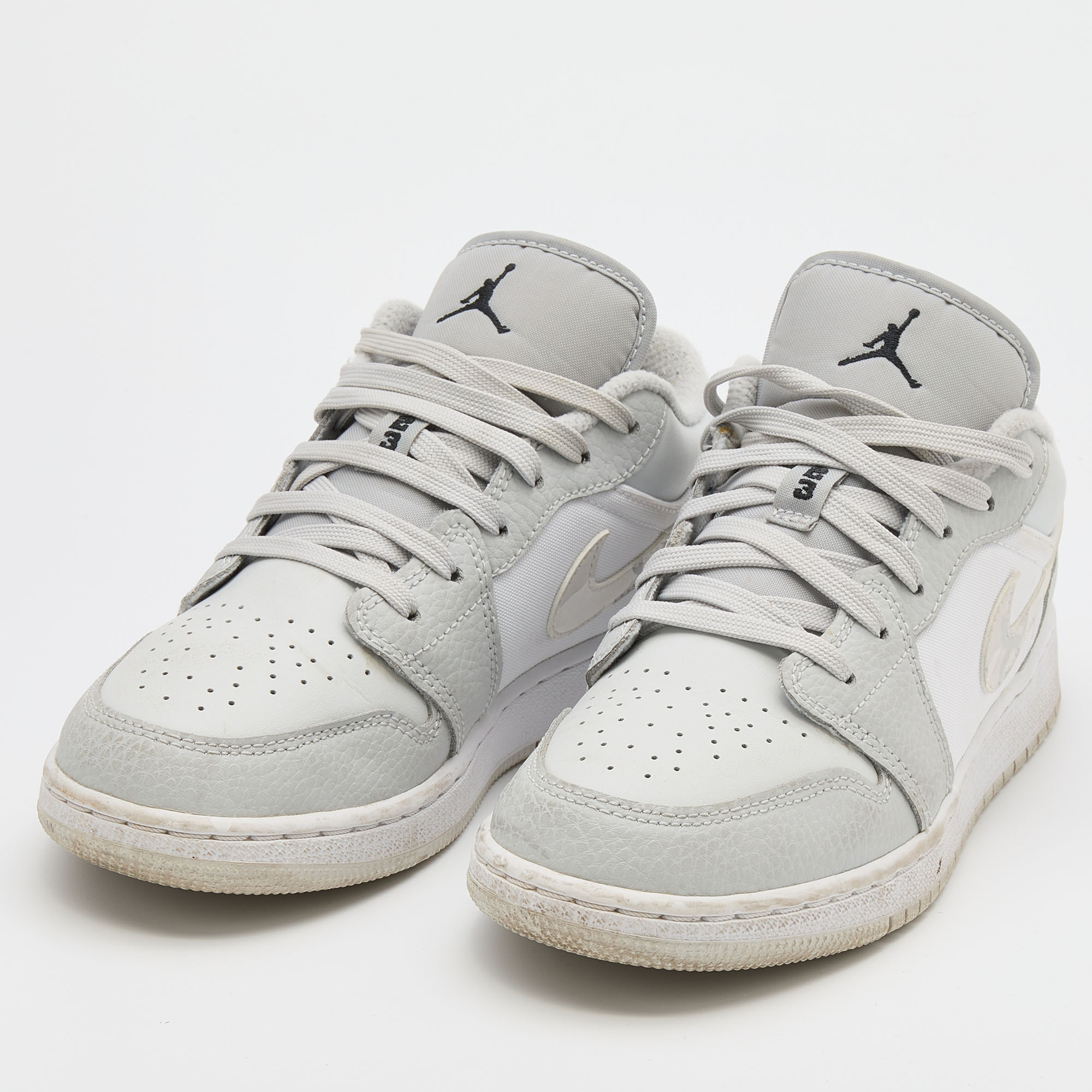 

Air Jordans Grey Leather and Canvas Air Jordan 1 Low Top Sneakers Size