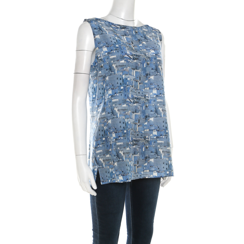 

Akris Blue Marina Grande Print Silk Sleeveless Blouse