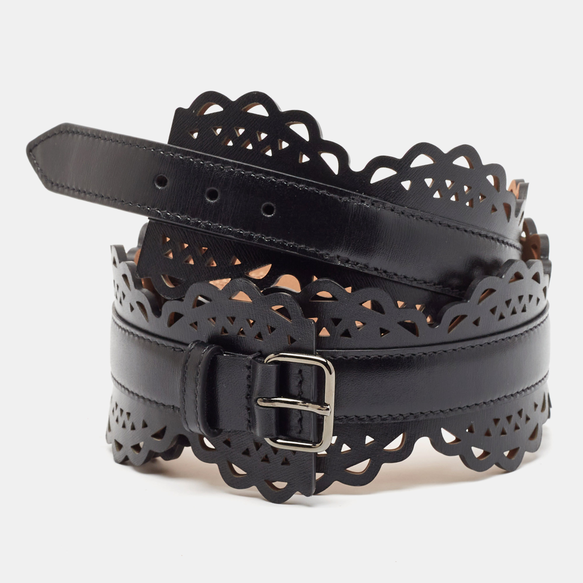 

Alaia Black Laser Cut Leather Bustier Belt