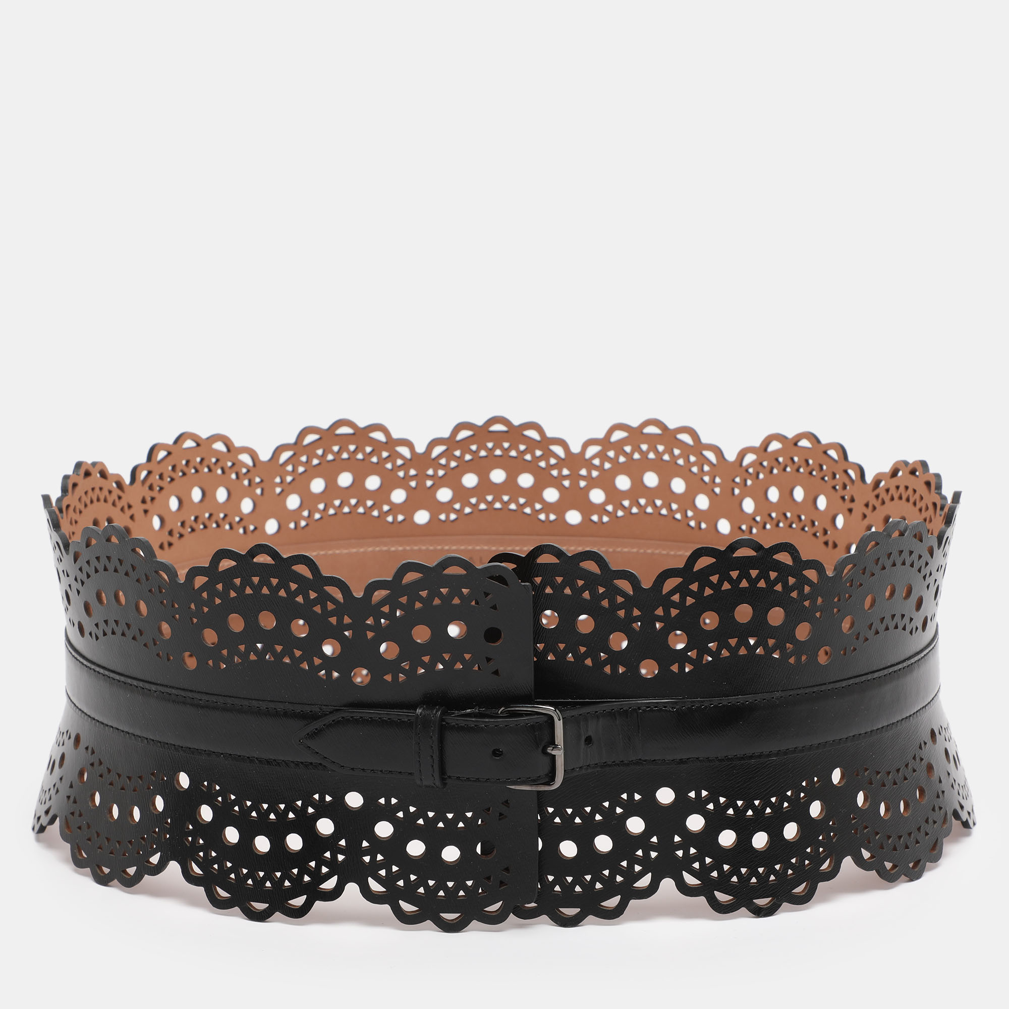 Pre-owned Alaïa Black Laser Cut Leather Corset Belt 85cm