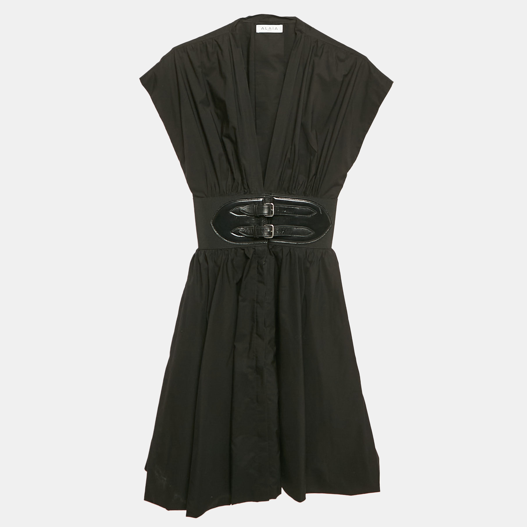 

Alaia Black Poplin Japanese Leather Belted Dress S