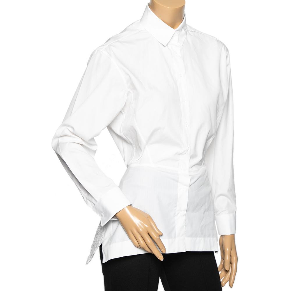 

Alaia White Cotton Cinched Waist Embroidered Peplum Detailed Shirt