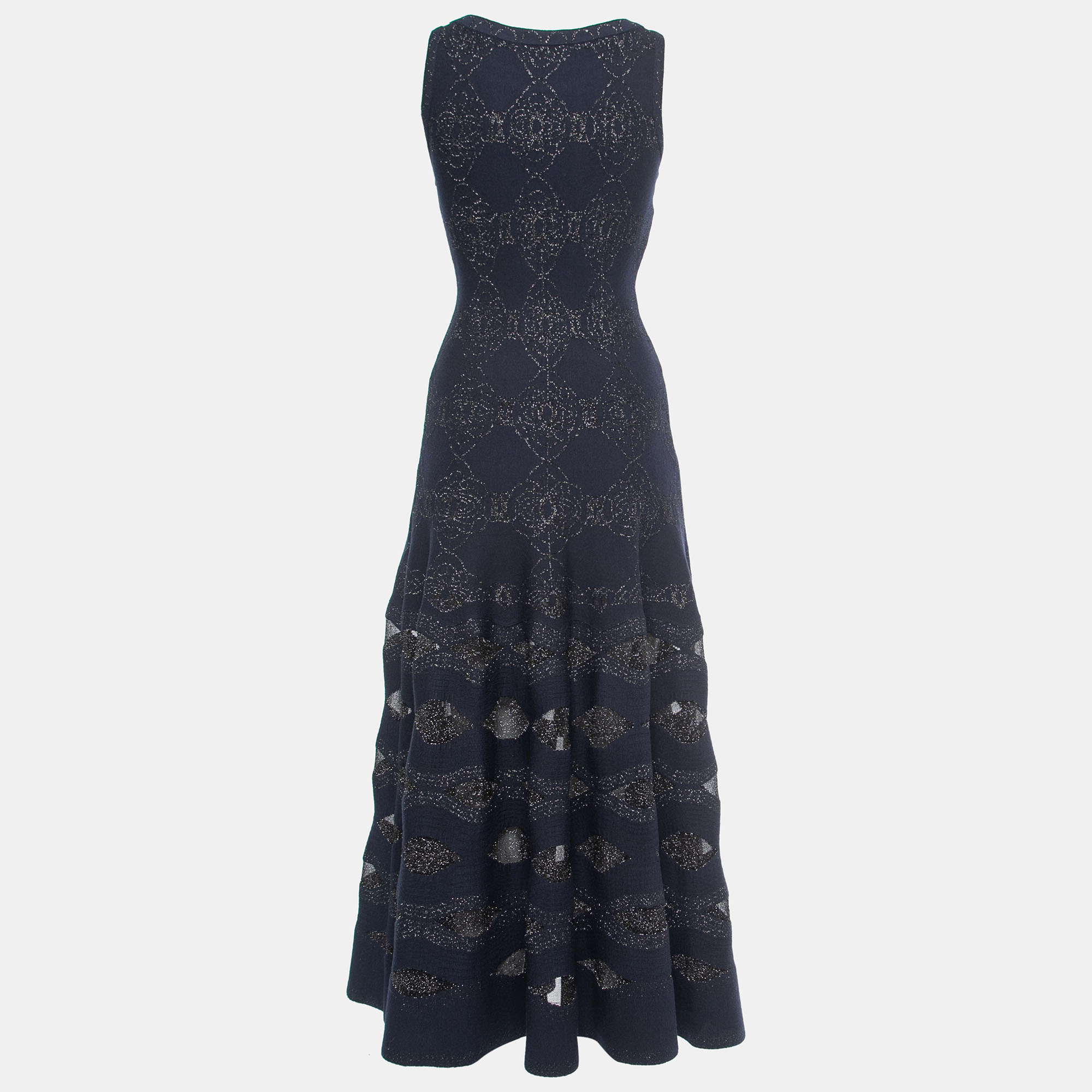 

Alaia Midnight Blue Floral Lurex Knit Sleeveless Midi Dress