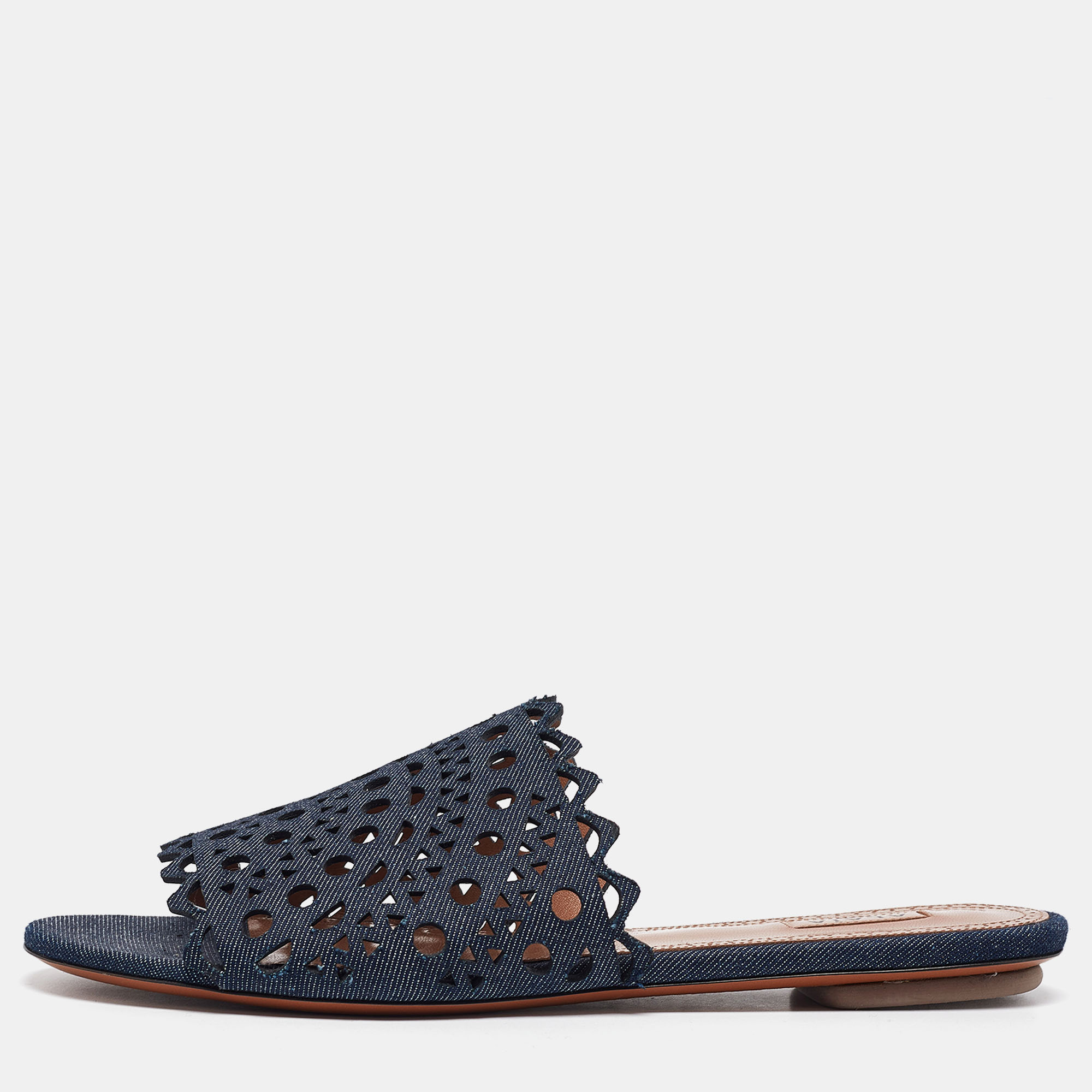 

Alaia Navy Blue Laser Cut Denim Flat Slides Size