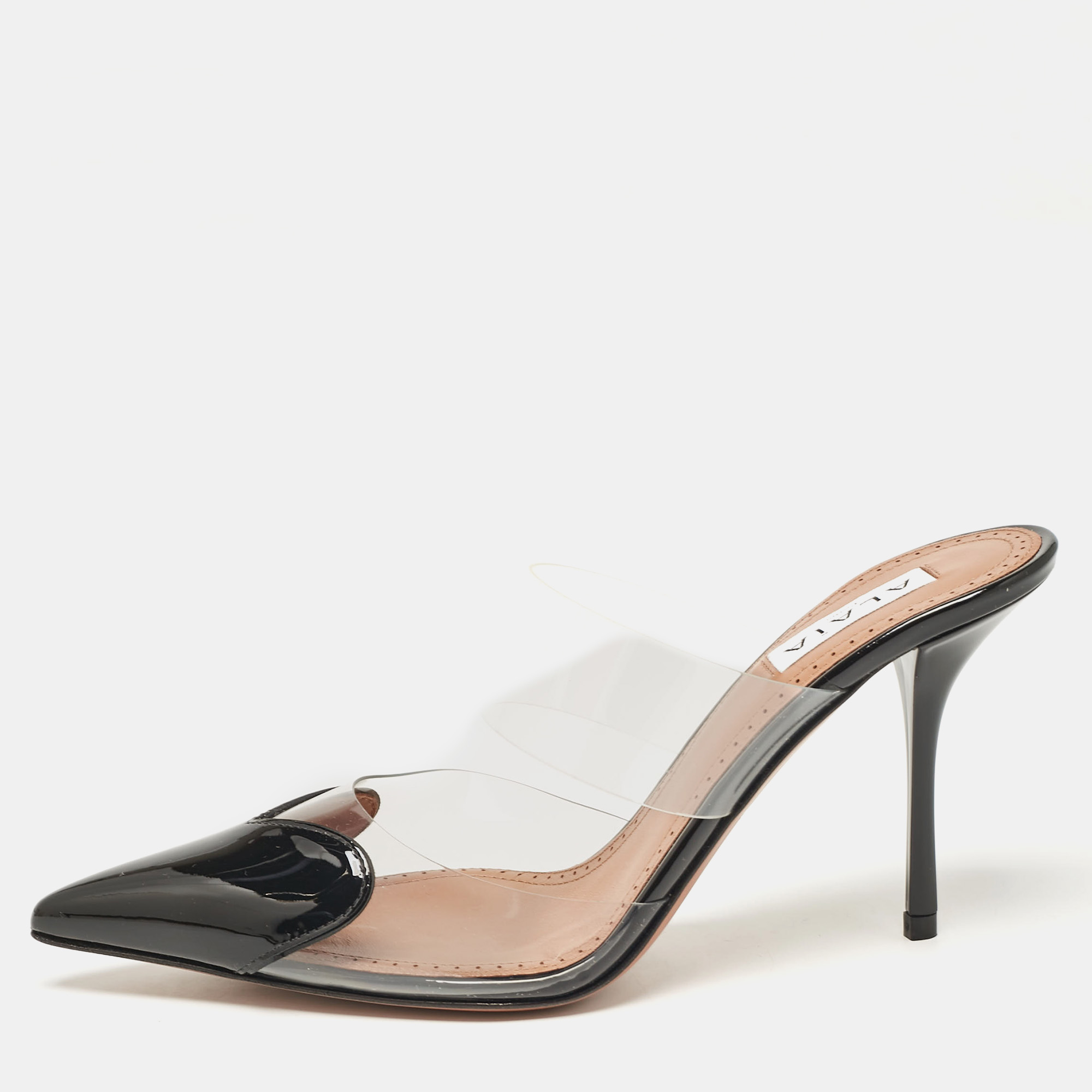 

Alaia Black Patent Leather and PVC Le Coeur Mules Size