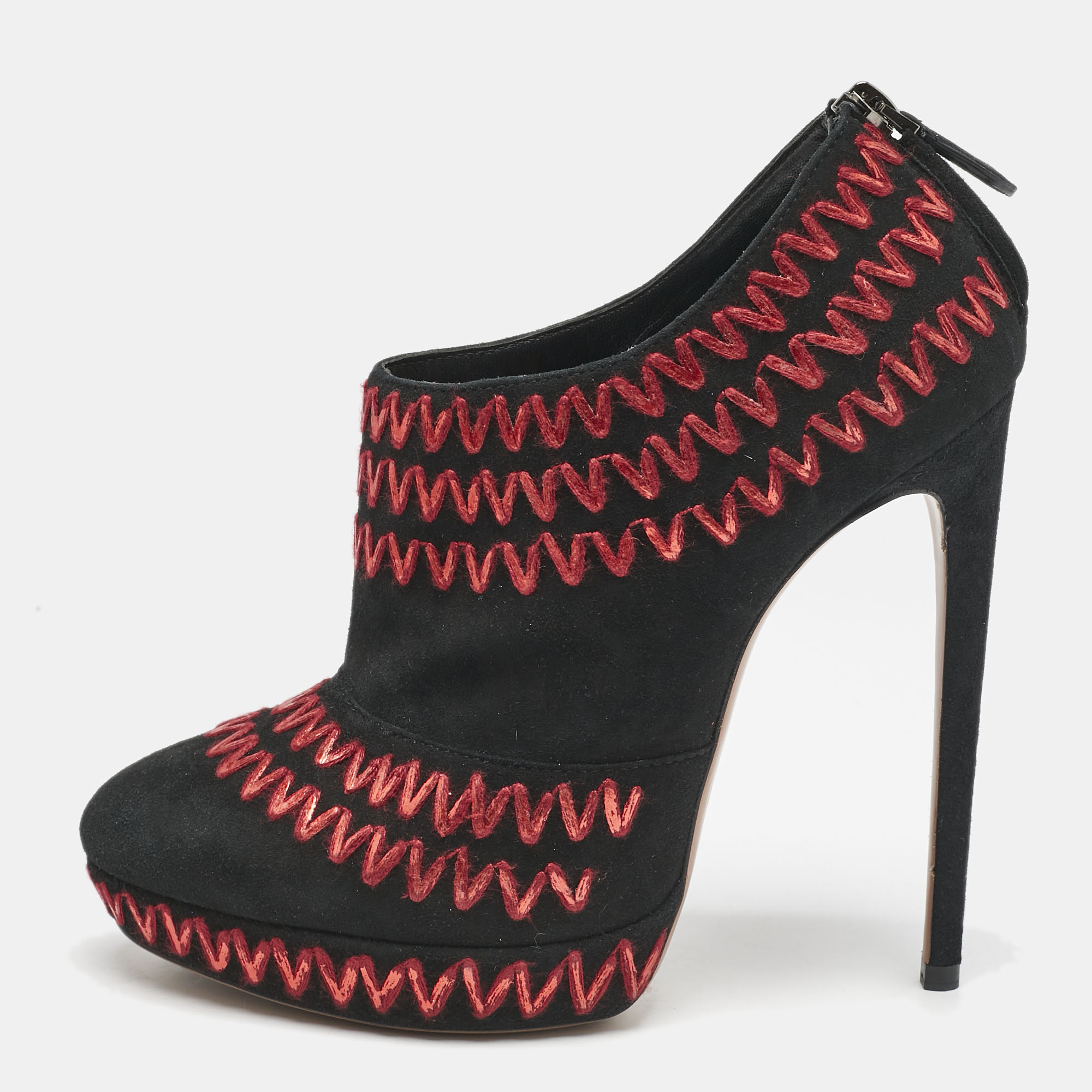 

Alaia Black/Red Suede ZigZag Stitch Booties Size